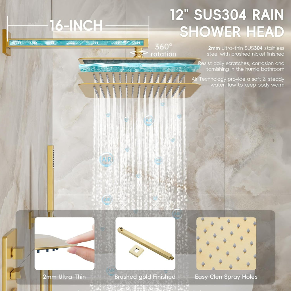 Alesco Shower Faucet Set, Gold Shower System with 12-Inch High-Pressure Rainfall Showerheads and Handheld Spray combo, Showerfixture Include Valve and Trim Kit, Brushed Gold