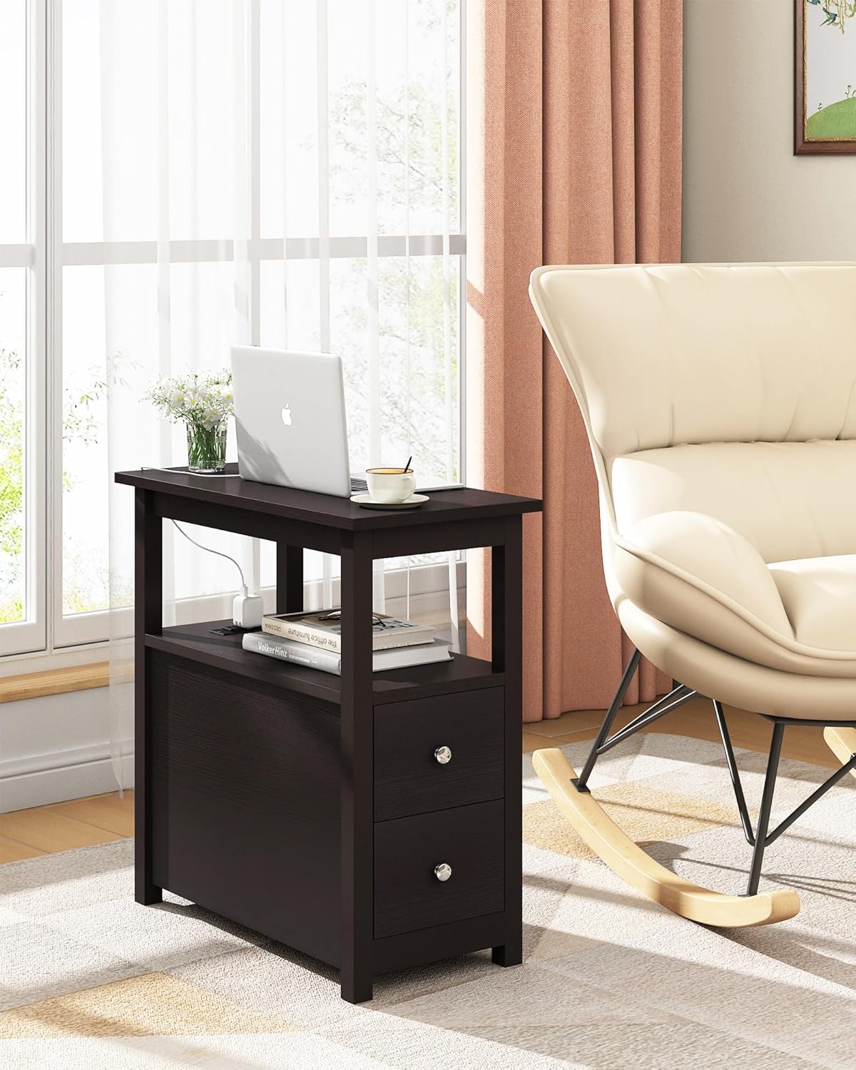 3-Tier Side Table Slim Sofa End Table with 2 Drawers and 1 Open Shelf Narrow Space for Living Room, Espresso Power (Outlets and USB Ports Included) Set of 2