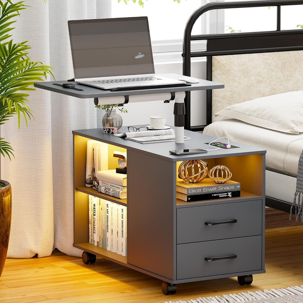 Smart Night Stand with 360° Laptop Tray, RGB Nightstand with Charging Station,Modern Bedside Table with 24-Color Human Sensor Lights,Large End Table w/ 2 Drawers,3 Shelves,5 Wheels,Grey