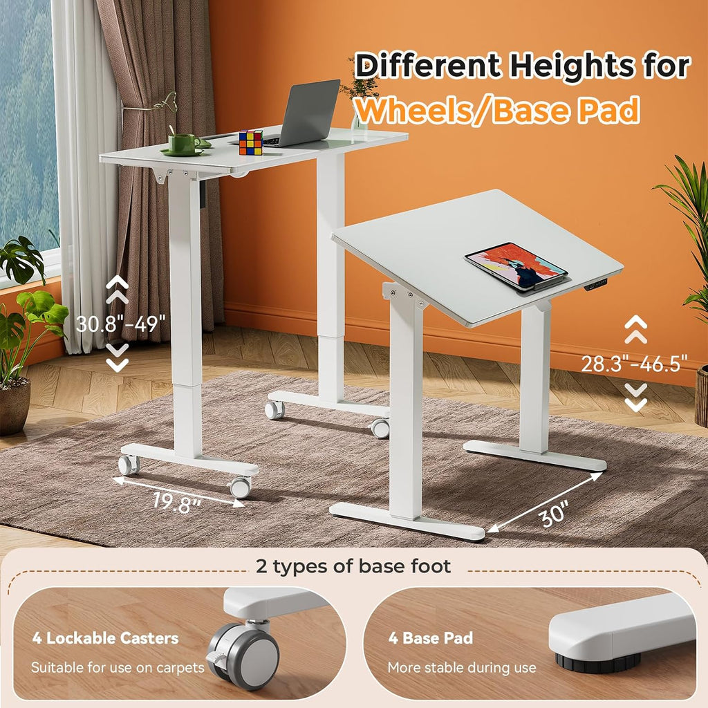 40inch Glass Standing Desk, 90° Tiltable Drafting Table Height Adjustable, Whole Piece Rolling Laptop Desk with Wheels, Foldable Mobile Rising Desk for Working, Drawing, Crafting, White