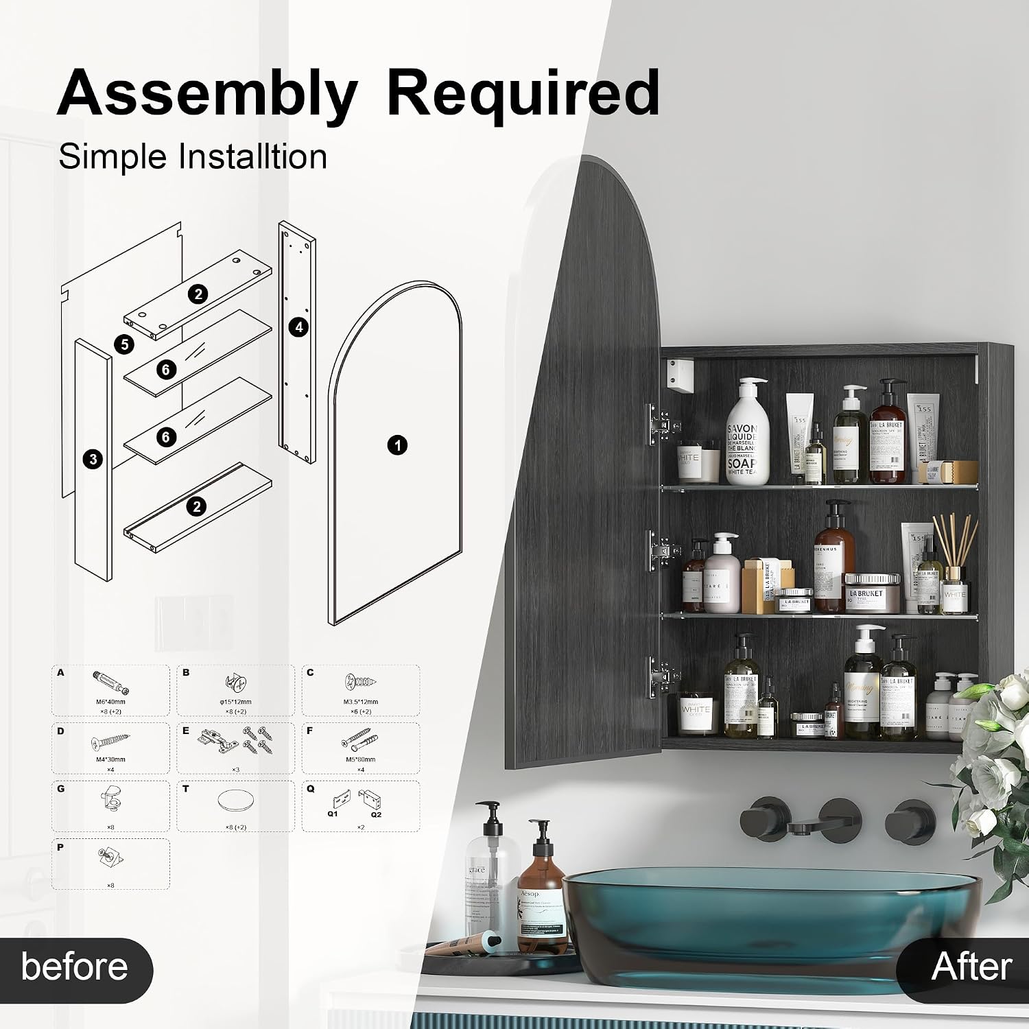 Arched Medicine Cabinet Mirror for Bathroom, Brushed Black Arch Mirror Cabinet with Storage,Adjustable Shelves, Wall Mounted Only, Modern Bathroom Storage,20x32 Inch