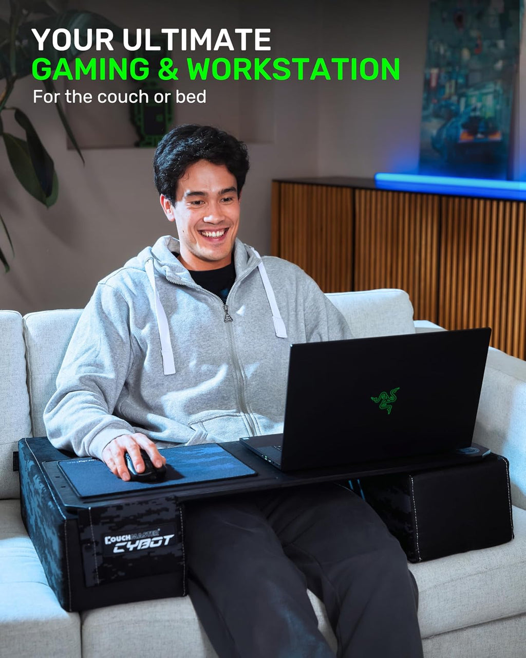 Couchmaster CYBOT, Premium Ergonomic Lap Desk for Notebooks, Sustainable Bamboo Construction, Kevlar Cushion Front, Ventilated Design, Fits Up to 17-Inch Laptops