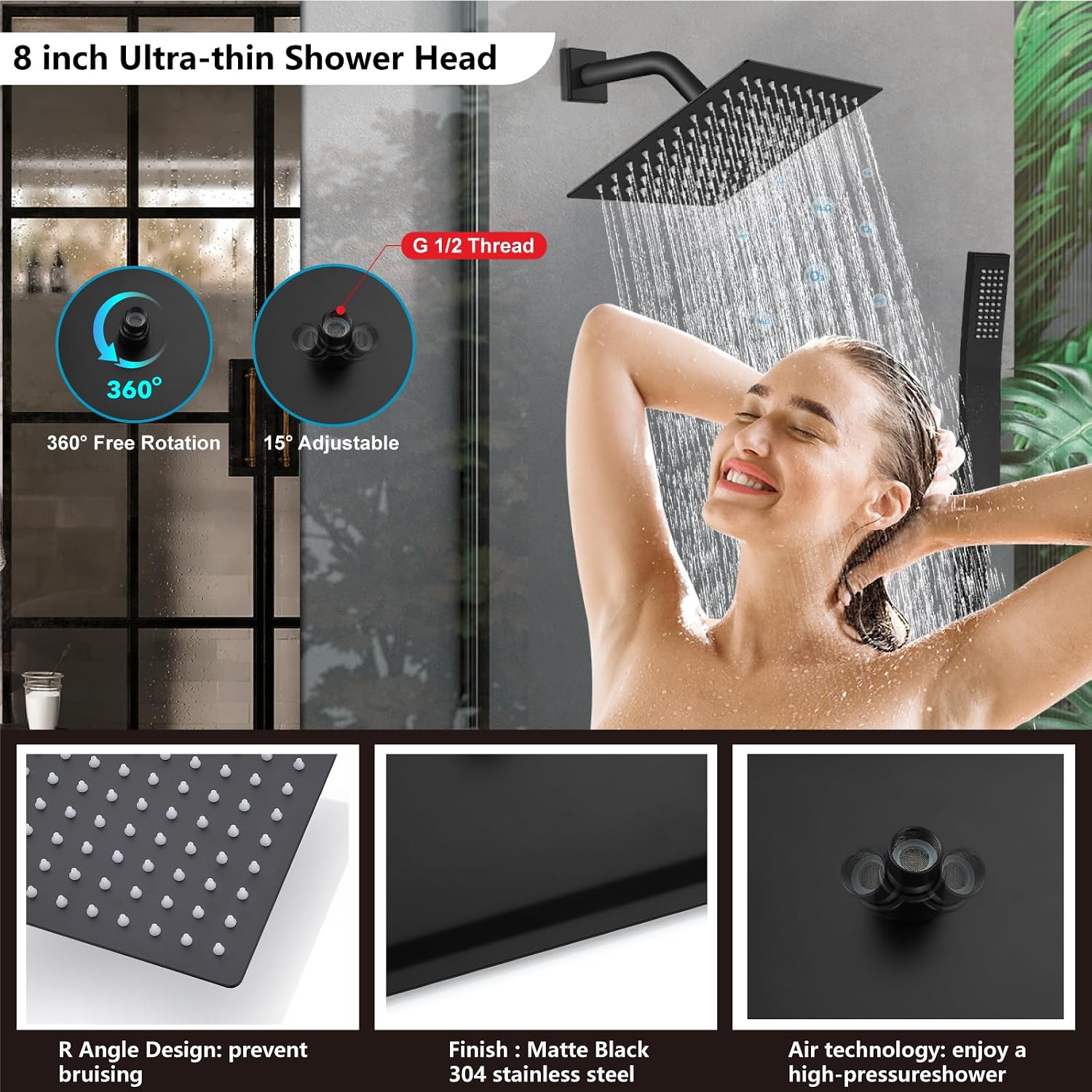 Midanya Shower Faucet Set,Wall Mount Shower System with Square Rain Shower Head and Hand Sprayer, Rough-in Valve Body and Trim Kit Included,8 Inch,Matte Black