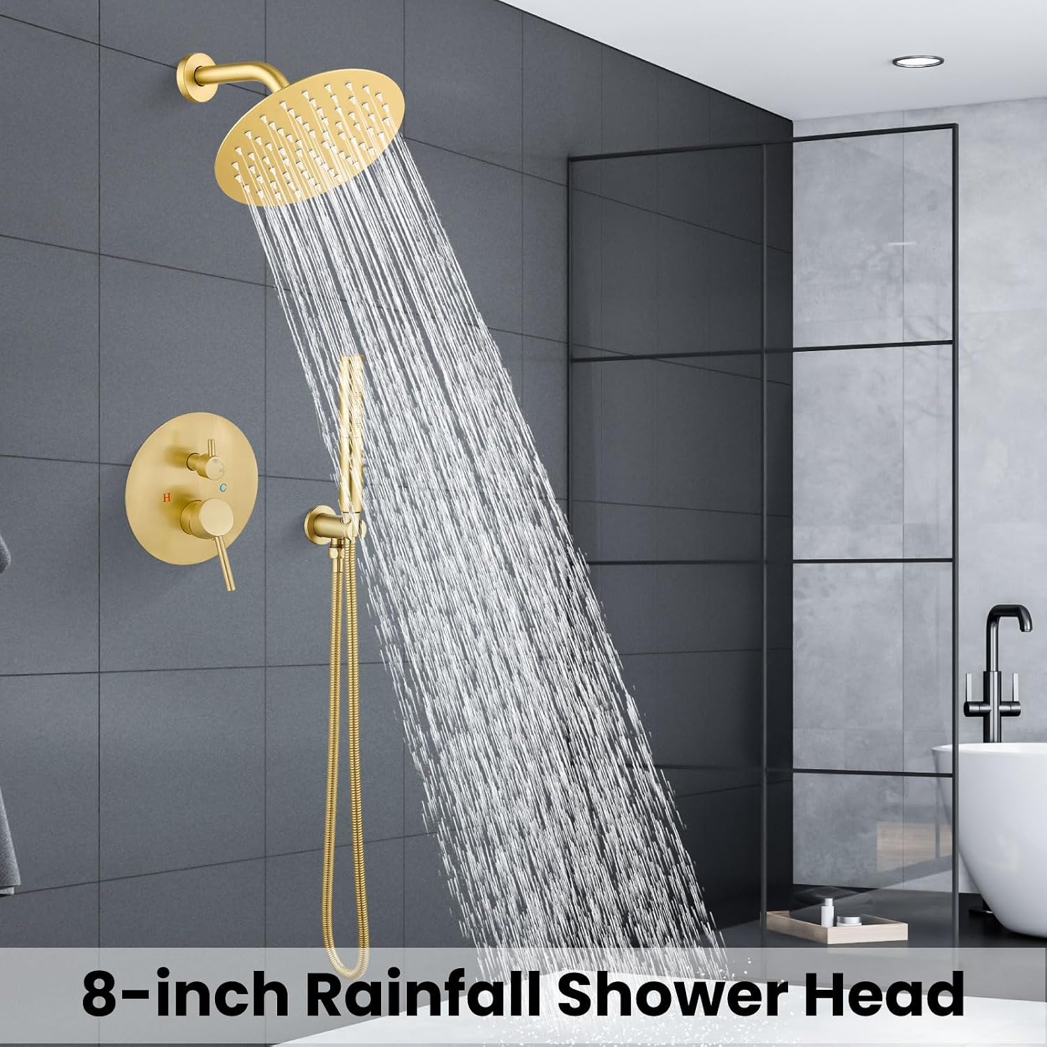 Airuida Shower Faucet Set, Bathtub Faucet Set with 8 Inch Rain Shower Head and Valve,2 Functions Tub Shower Faucet Set for Bathroom-Brushed Gold