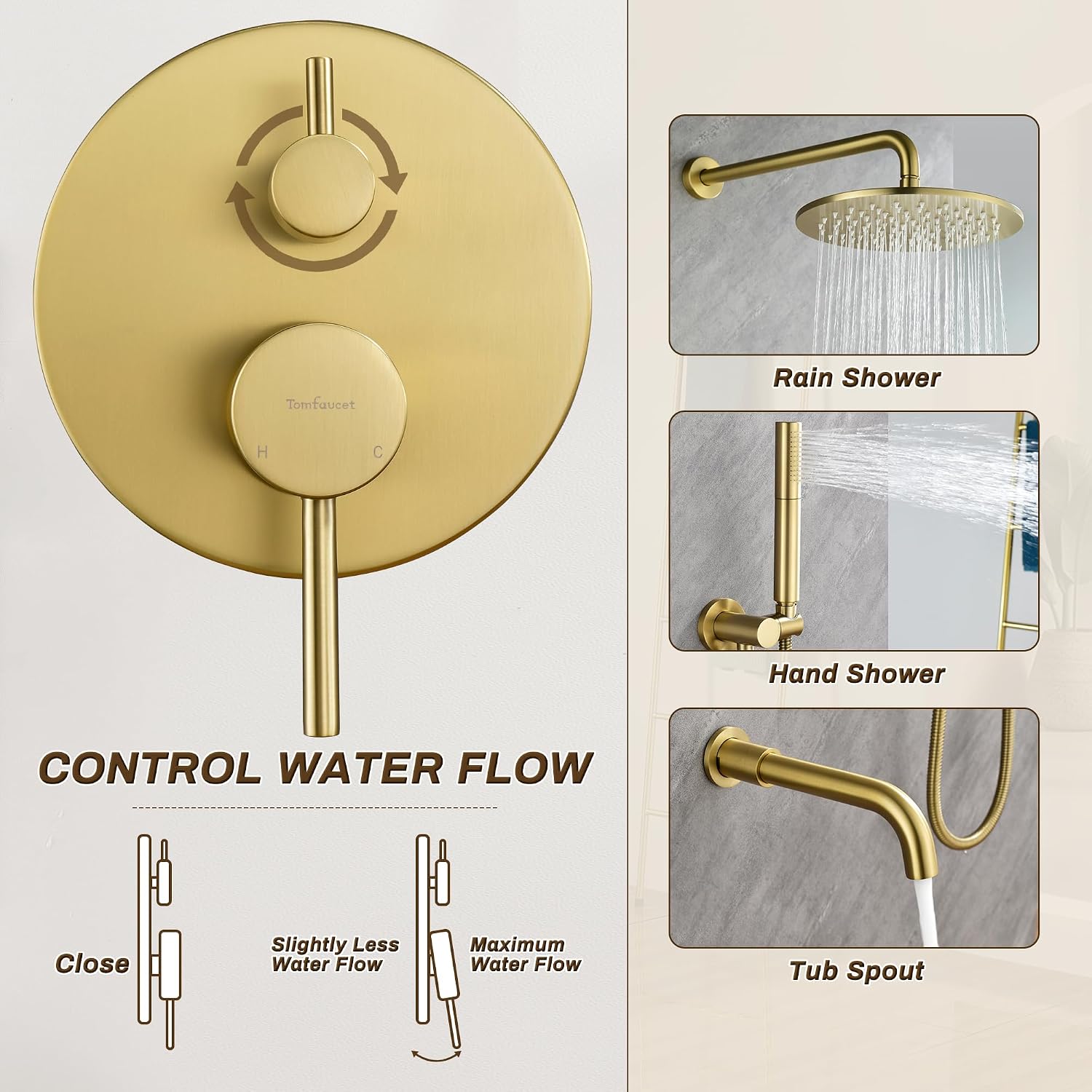 Shower System with Tub Spout, 3 Functions 10' Round Wall Mounted Rain Shower System, High-Pressure Rain Shower Head with 2 Modes Handheld Spray, Brushed Gold Shower Systems