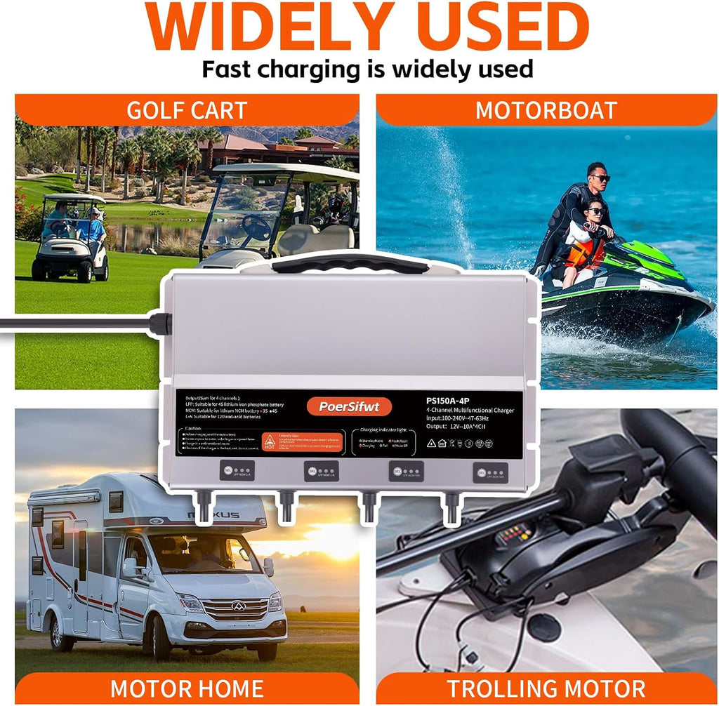 3 Bank 12V 10A Marine Battery Charger, Dual Output Smart Charger for LiFePO4, Lithium, Lead Acid Batteries, with 0V Start for Boat, RV, Trolling Motor, Lawn Mower (4-Channel Output)
