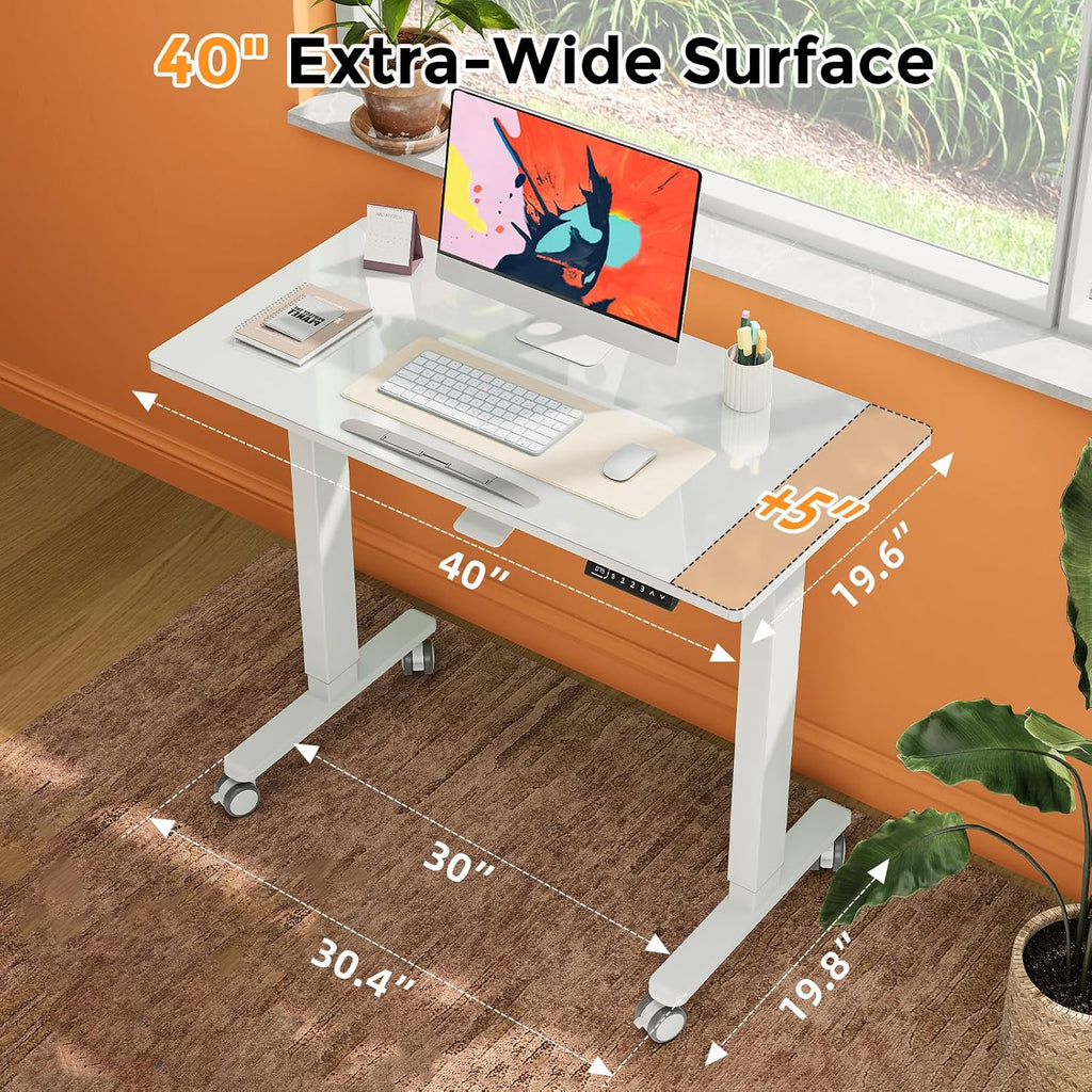 40inch Glass Standing Desk, 90° Tiltable Drafting Table Height Adjustable, Whole Piece Rolling Laptop Desk with Wheels, Foldable Mobile Rising Desk for Working, Drawing, Crafting, White