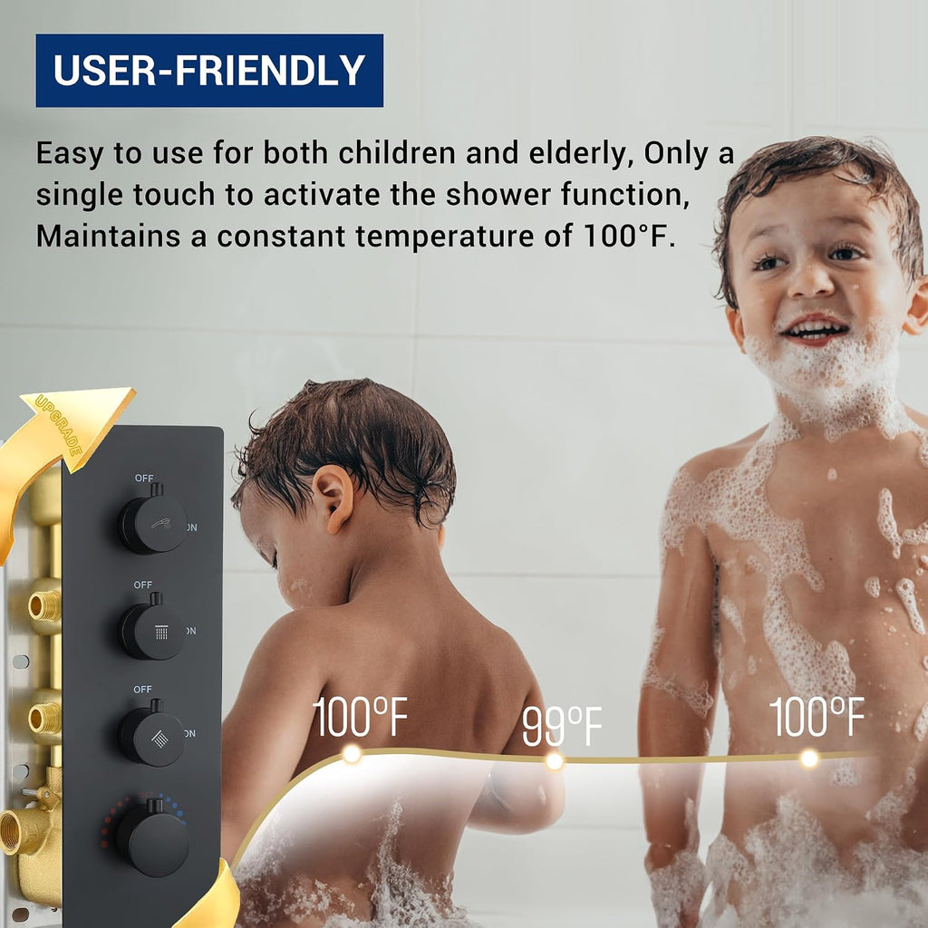 16' Thermostatic Rain Shower System with 6 Body Jets & 16-Inch Rainfall Shower Head, JetsBath Full Body Shower Faucet Sets with Valve & Handheld, Matte Black Luxury Wall Mount Shower Faucet Set