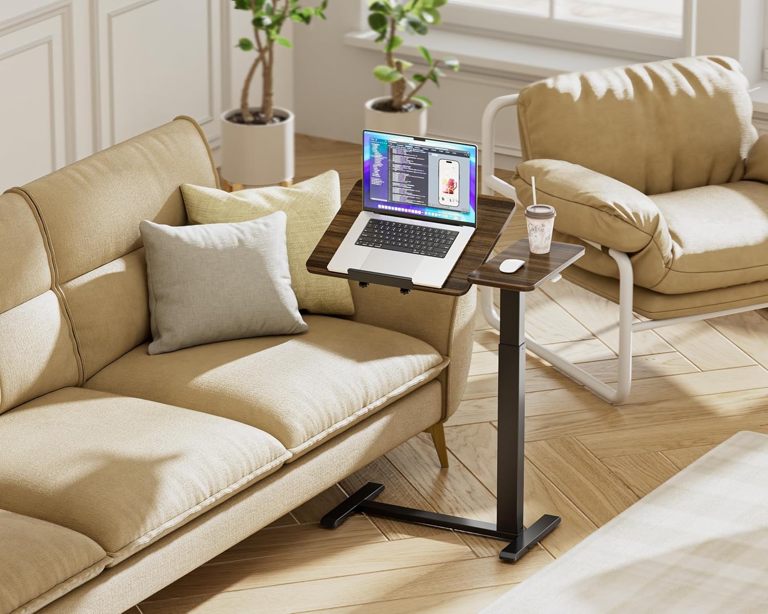 Ywin Medical Adjustable Tilt Overbed Bedside Table with Wheels, Swivel Portable Tray Table (27.6' W x 15.8' D), Small Standing Desk for Bedroom, Hospital, Couch, Office Use, Black Walnut