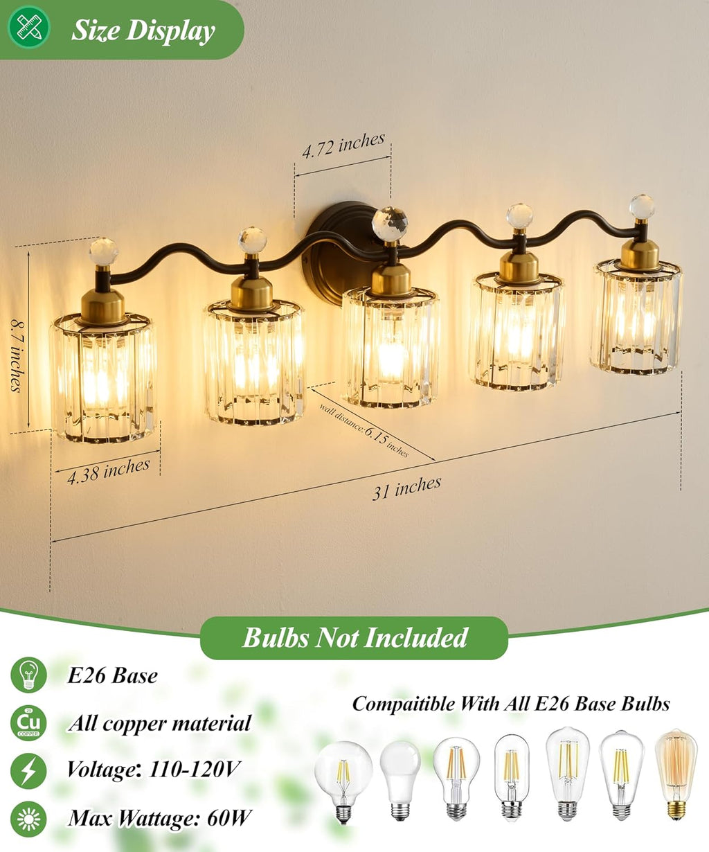 5 Light Vanity Light, Modern Black and Gold Crystal Bathroom Vanity Lighting Fixtures, Bath Wall Mount Lights with Clear Crystal Glass Shade, Wall Sconce Light for Mirror Bedroom Living Room, E26 Base