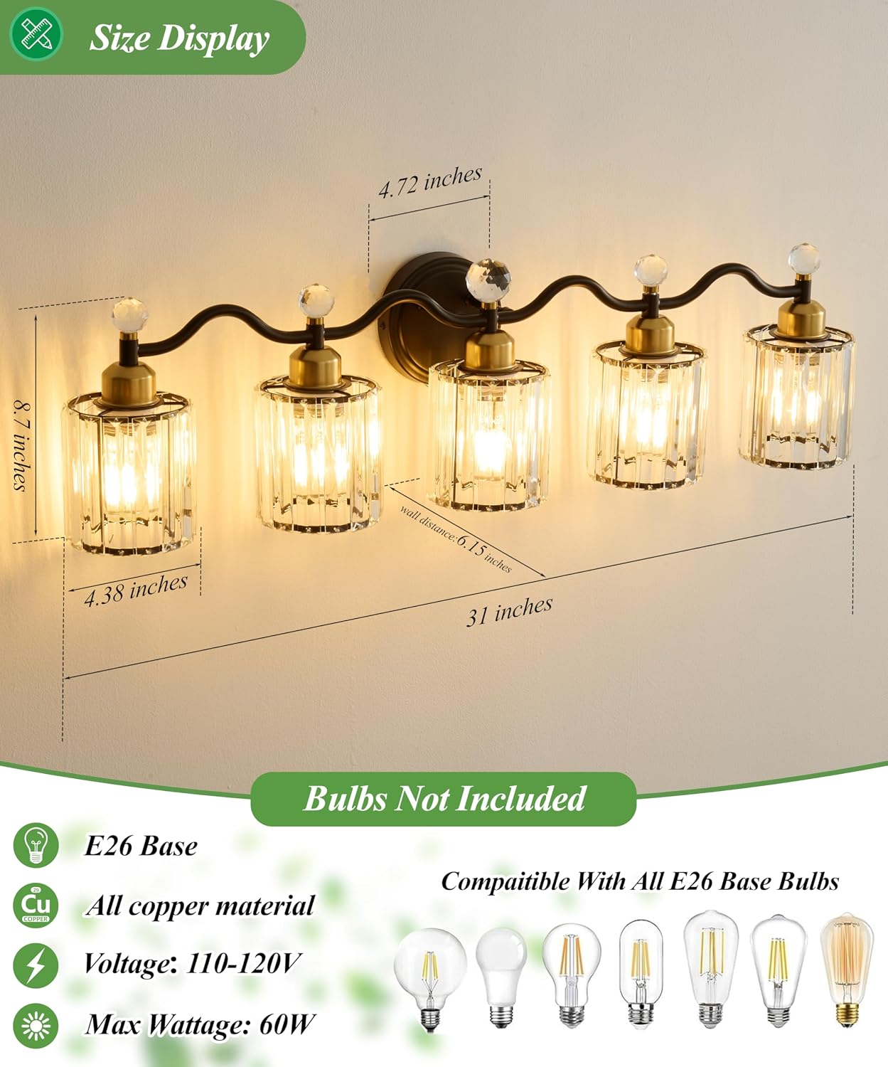 5 Light Vanity Light, Modern Black and Gold Crystal Bathroom Vanity Lighting Fixtures, Bath Wall Mount Lights with Clear Crystal Glass Shade, Wall Sconce Light for Mirror Bedroom Living Room, E26 Base