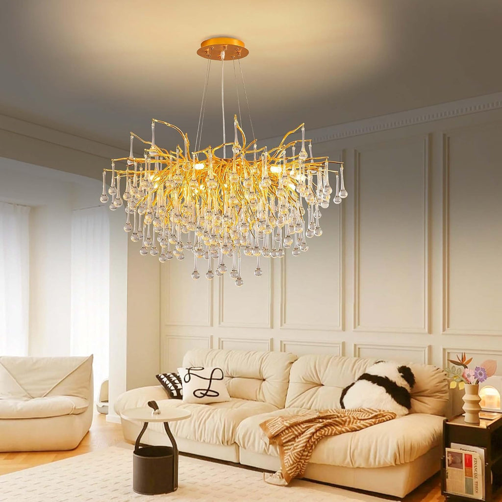 Modern Crystal Raindrop Chandelier, Gold Round Art Deco Tree Branch Lighting Fixture for Dining Room Living Room Foyer 13 Lights D31.5''