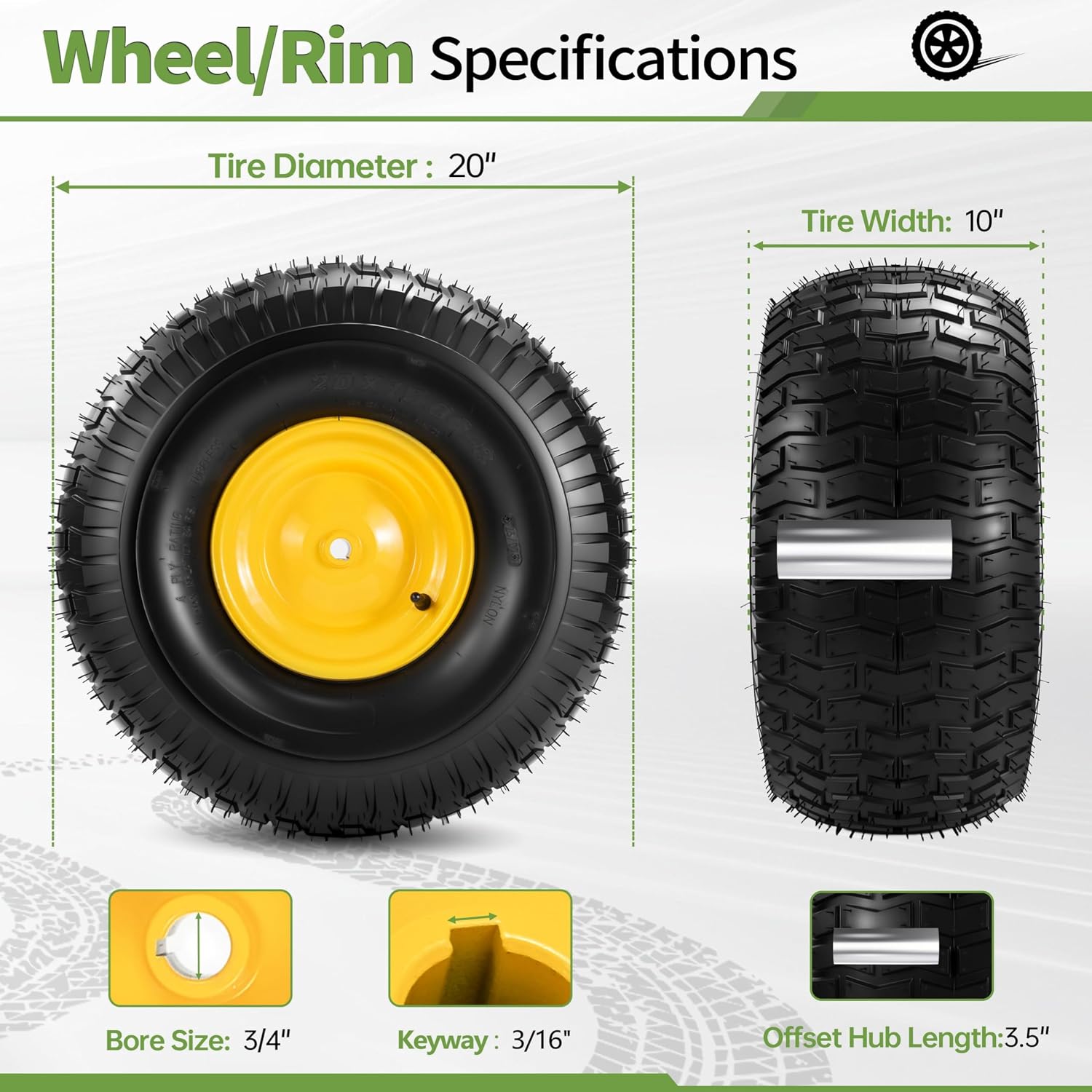 2PCS 20x10.00-8 Tubeless Lawn Mower Tire and Wheel, Replacement 20x10-8nhs Riding Lawn Mower and Tractor Rear Tire and Wheel Assemblies. 3/4' Borehole, and 3/16' Keyway, 3.5'Offset Hub, 4 Ply,1190 Lbs