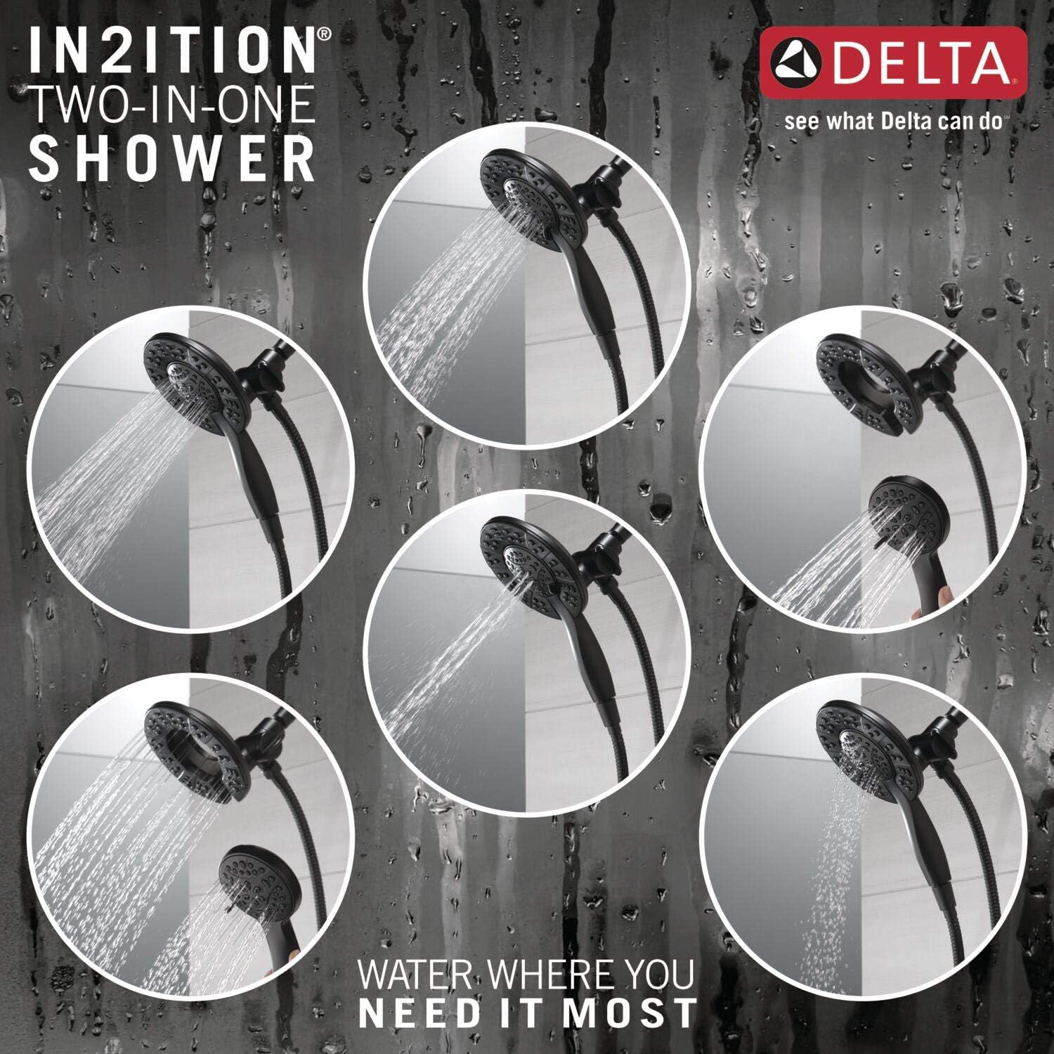 Delta 4-Setting In2ition 2-in-1 Dual Shower Head with HandHeld Spray, Matte Black Detachable Shower Head with Hose, Showerhead, 1.75 GPM Flow Rate, Matte Black 58499-BL