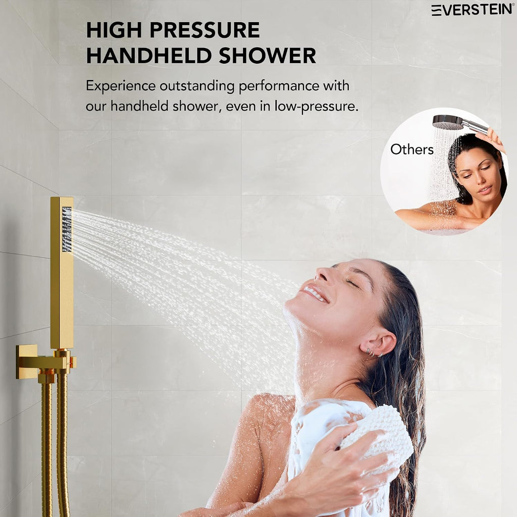 12' High-Pressure Rainfall Shower Faucet with Valve for Bathroom, Dual Rainfall Shower Head System with 6 Body Jets, Rough in-Valve (Brushed Gold)