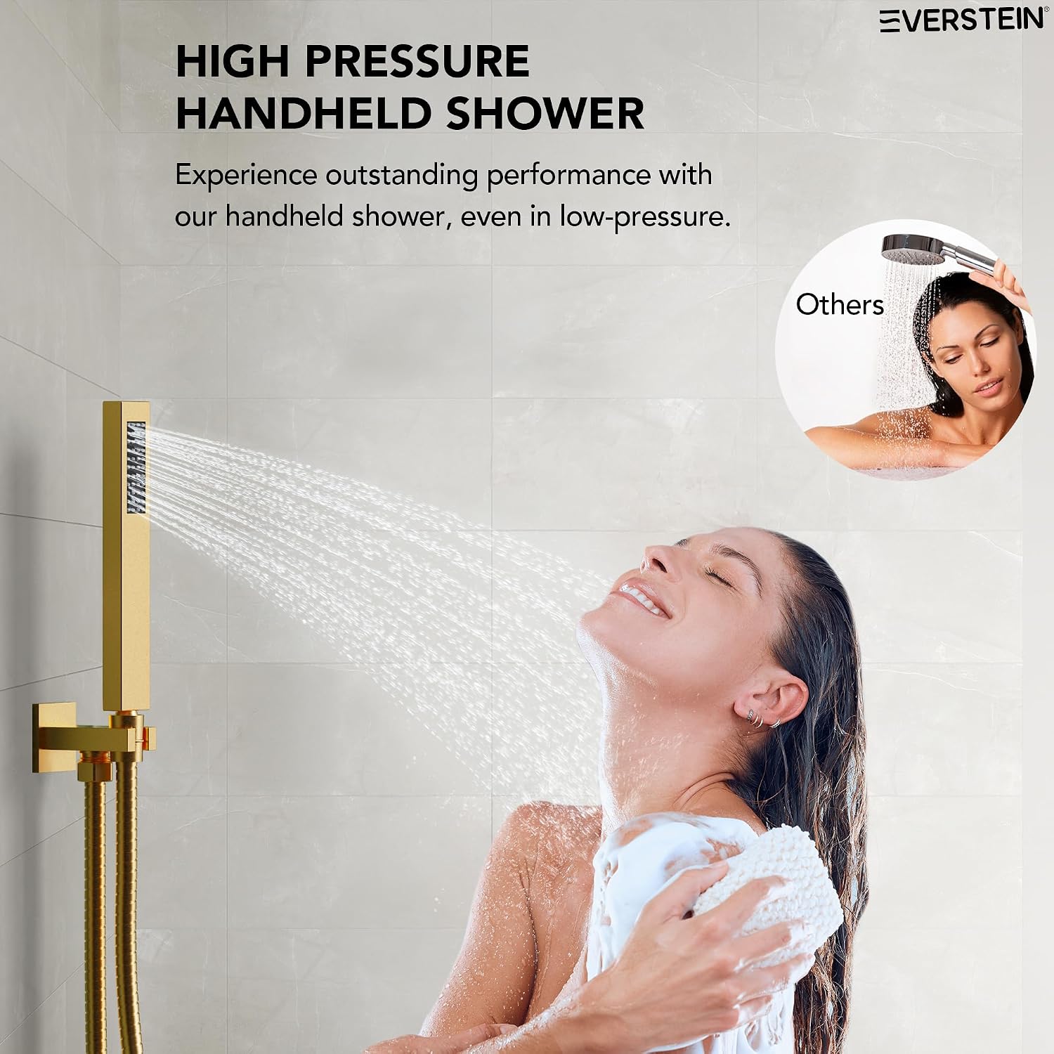 12' High-Pressure Rainfall Shower Faucet with Valve for Bathroom, Dual Rainfall Shower Head System with 6 Body Jets, Rough in-Valve (Brushed Gold)