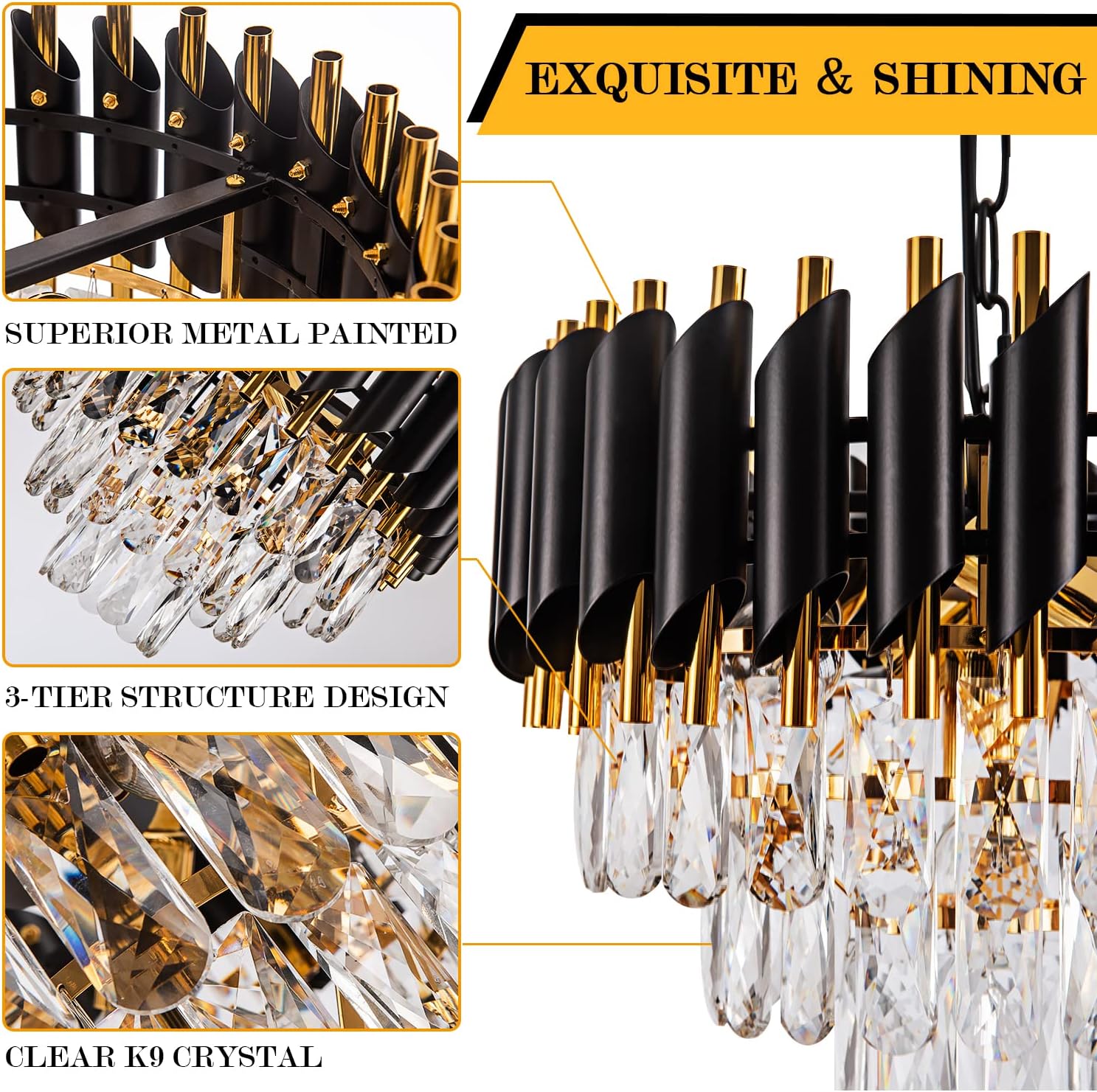 3-Tier Black Gold Crystal Chandelier 5-Light 15'' Modern Crystal Pendant Chandelier Ceiling Light Fixture Hanging Lighting for Kitchen Island Dining Room Foyer Entryway Bedroom