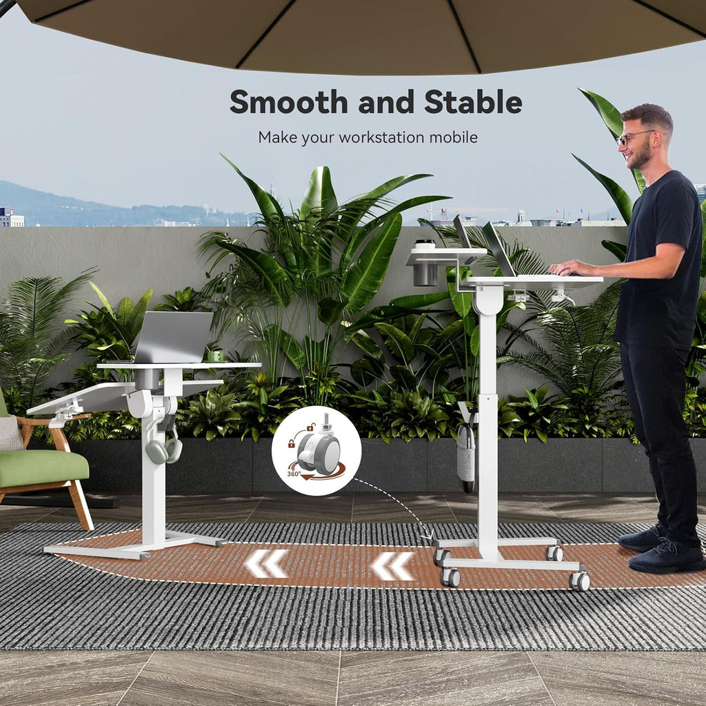 28Inch Mobile Standing Desk On Wheels， Rolling Laptop Stand with Tiltable Desktop， Small Computer Workstation Adjustable Height， 2-Tier Portable Study Table with Storage Shelves， White