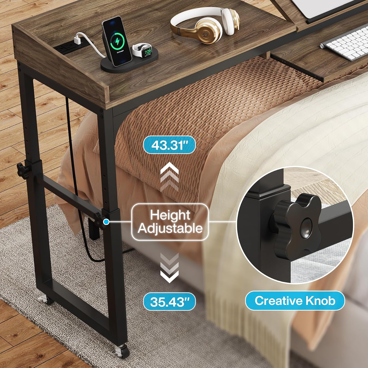 Tribesigns Height Adjustable Overbed Table with Wheels, Queen Size Over Bed Desk with Adjustable Tilt Stand, Mobile Laptop Cart Computer Desk with Outlets & USB Ports (Dark Gray)