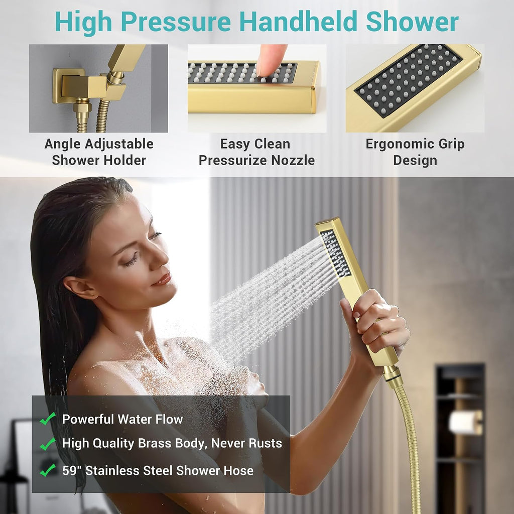 Luxury Dual-Zone Rain & Waterfall Shower Head for 2-Person, Brushed Gold Thermostatic Shower System with 32-Inch Flush Mount Shower, Full body Shower Faucet Set with Handheld Sprayer & 6 Jets
