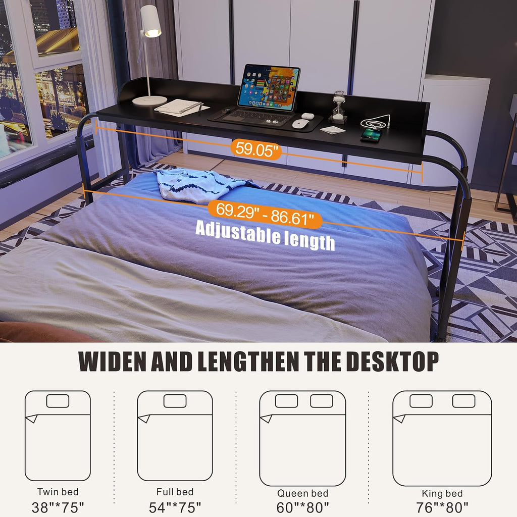 HWB Over Bed Desk with Auto-Sensor LED Lights,Over Bed Table with Wheels Adjustable Height with Charging Station,Beside Table,Rolling Tray Table for Laptop and Writing for Living Room,Black