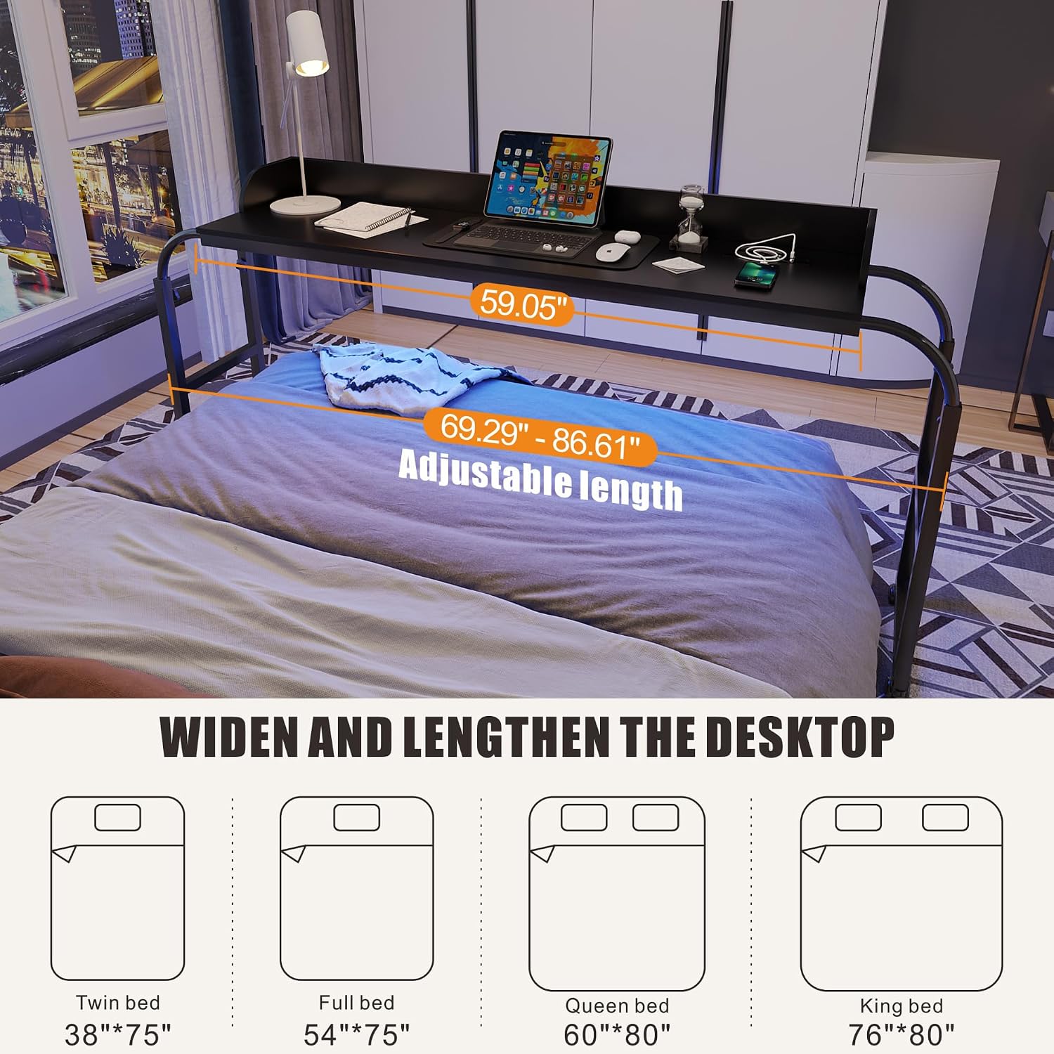 HWB Over Bed Desk with Auto-Sensor LED Lights,Over Bed Table with Wheels Adjustable Height with Charging Station,Beside Table,Rolling Tray Table for Laptop and Writing for Living Room,Black