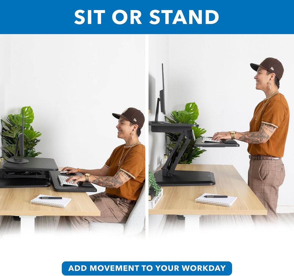 Mount-It! Compact Standing Desk Riser, Height Adjustable Desktop Sit Stand Workstation with Gas Spring, Tabletop Stand Up Desk with Keyboard Tray, Black