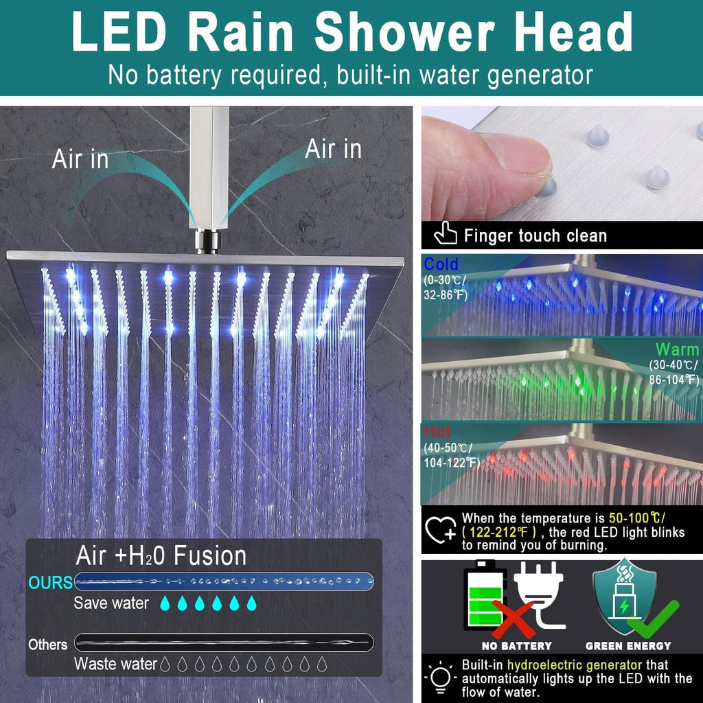 Enga Brushed Nickel Shower System with Body Spray Jets, Wall Mount 12 Inch LED Rain Shower Head Push Button Diverter Shower Fixtures, All Functions Can Run At Once