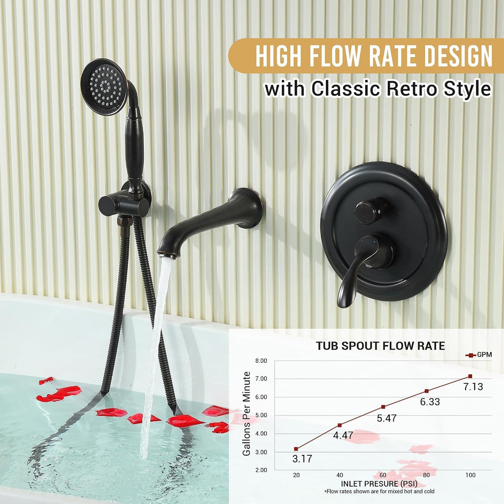 DASAN Antique Wall Mount Tub Filler Faucet with Hand Held Shower, Oil Rubbed Bronze Bathtub Faucet with Sprayer Wall Mounted Roman Bath Tub Faucet Set with High Flow Rough in Valve, AT201TF-ORB
