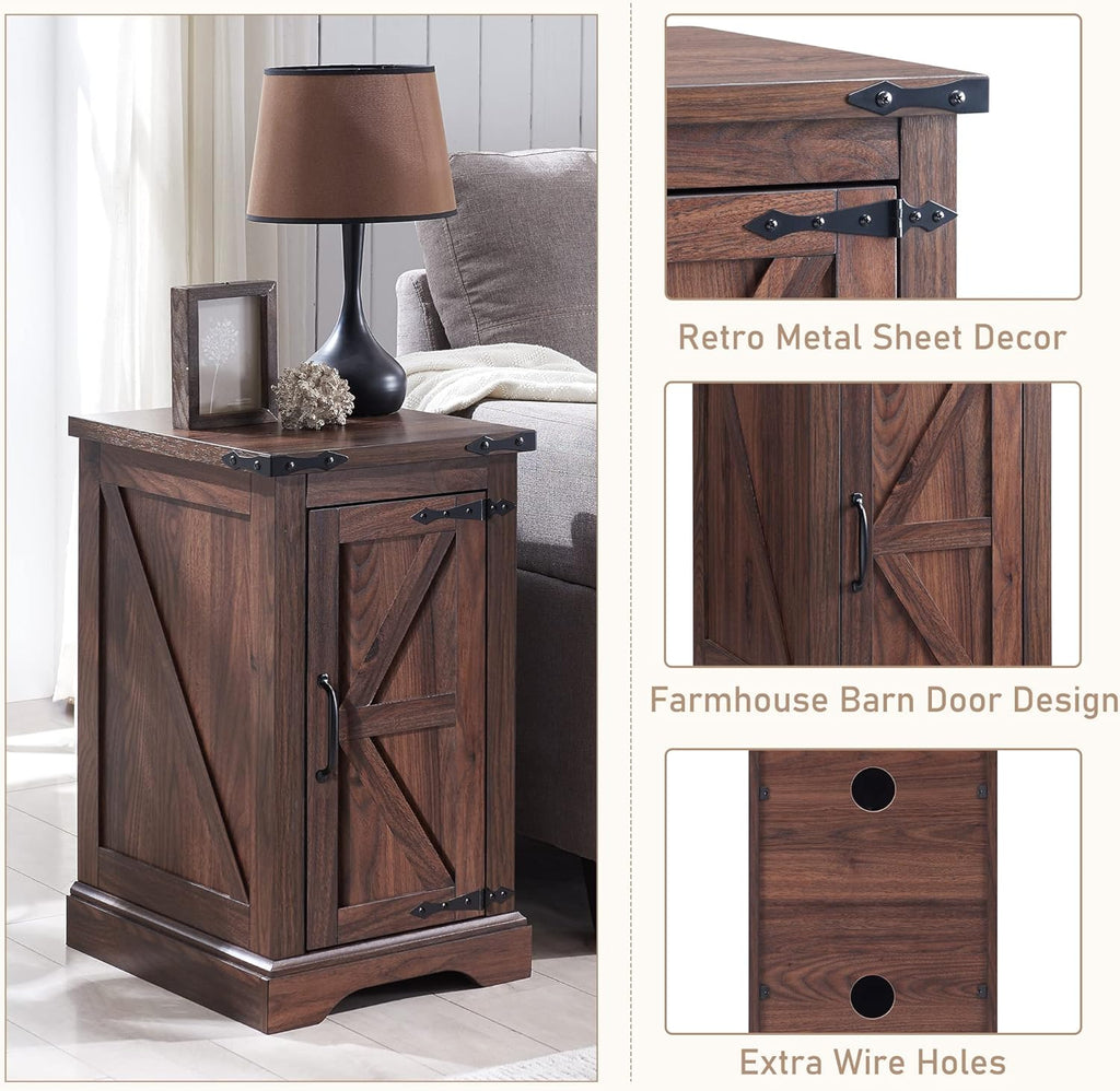 JXQTLINGMU Nightstand with Charging Station, Rectangular Farmhouse End Table with Barn Door and Adjustable Storage Shelf, 17' Deep Wood Rustic Sofa Side Table for Living Room, Bedroom, Brown