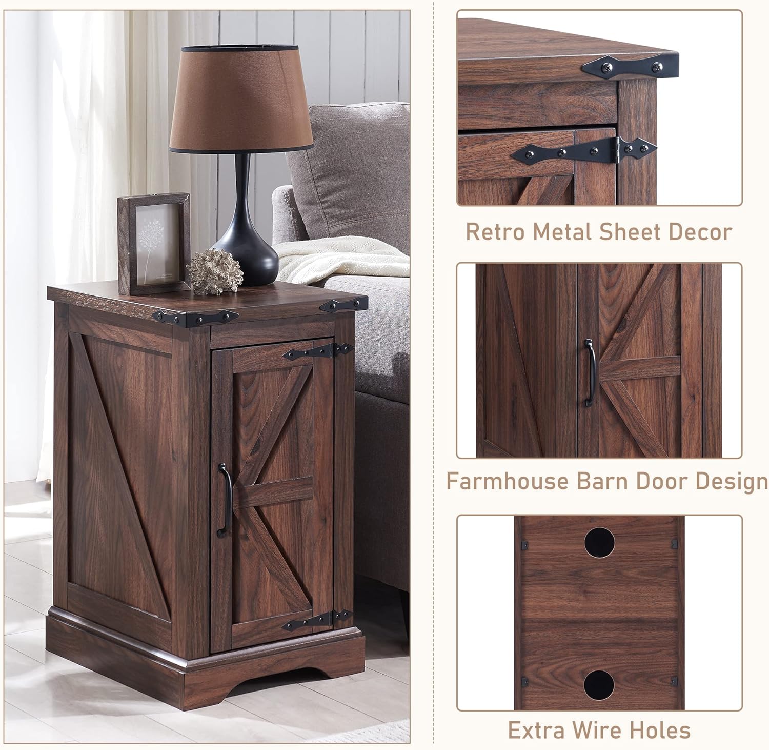 JXQTLINGMU Nightstand with Charging Station, Rectangular Farmhouse End Table with Barn Door and Adjustable Storage Shelf, 17' Deep Wood Rustic Sofa Side Table for Living Room, Bedroom, Brown
