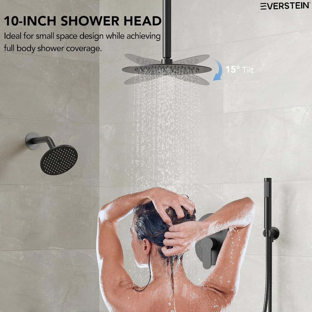 Ceiling Mount 10' High-Pressure Rainfall Shower Faucet, Dual Rainfall Shower Head System with Valve (Matte Black)
