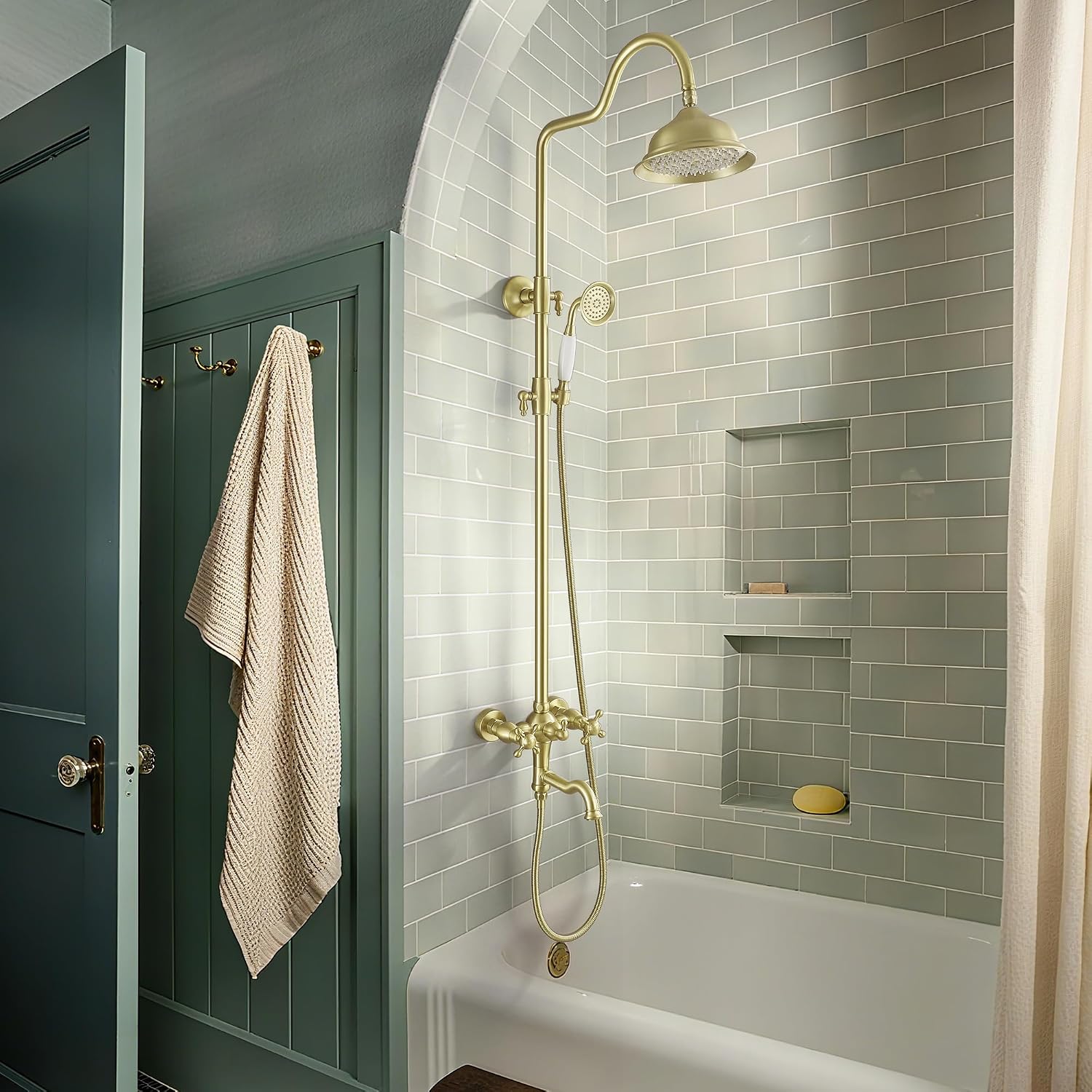 Exposed Shower System Brushed Gold,Antique Brass Shower Faucet with 8 Inches Rainfall Shower Head,Vintage Outdoor Shower Fixture with Foldable Tub Spout,Outdoor Shower Kit for Backyard Poolside