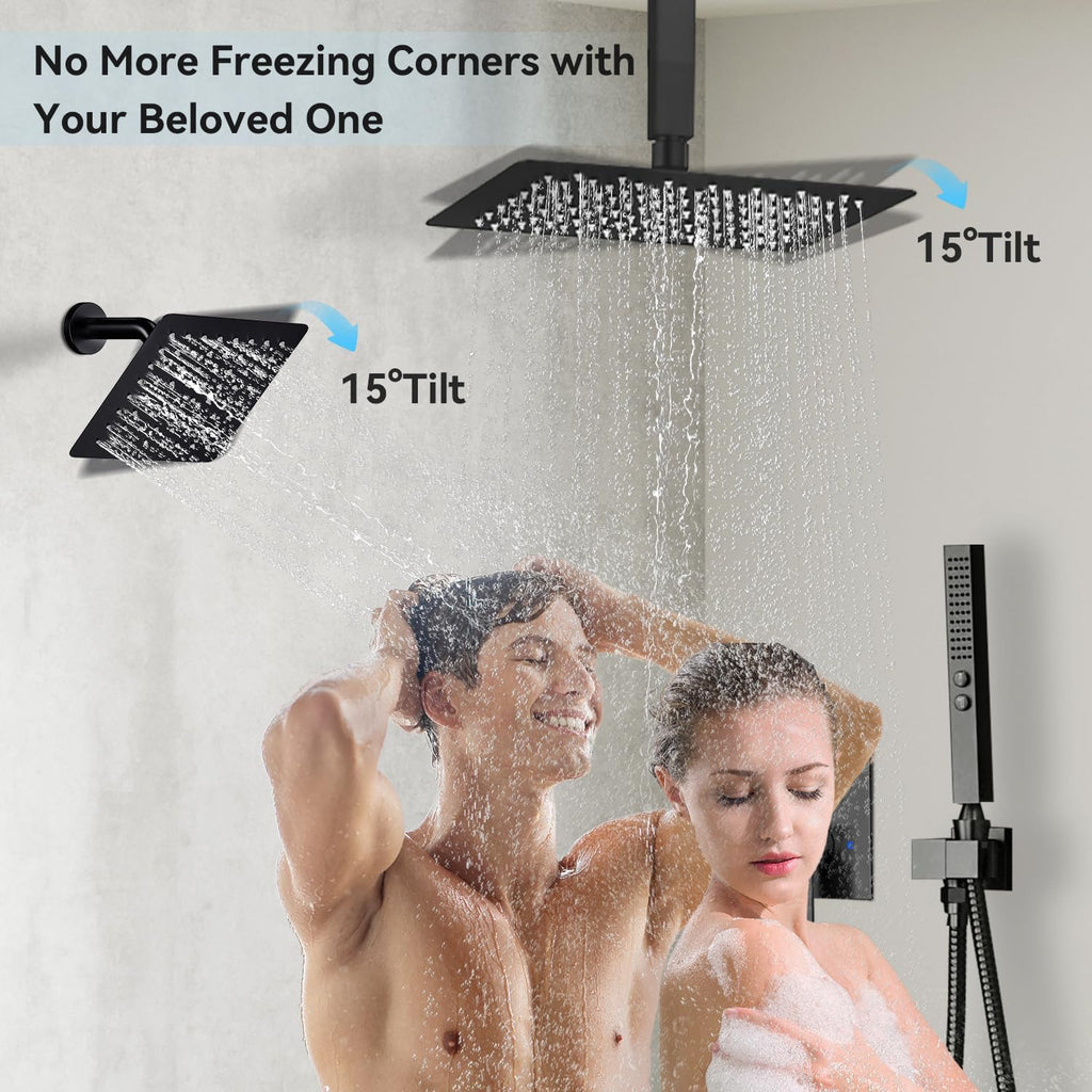Shower Faucet Sets Matte Black Shower System,Bostingner Five Function Diverter Shower Faucets with 2 in 1 Handheld,10'' Ceiling Mount and 6'' Wall Mount Shower Head Rainfall Shower Set with Valve