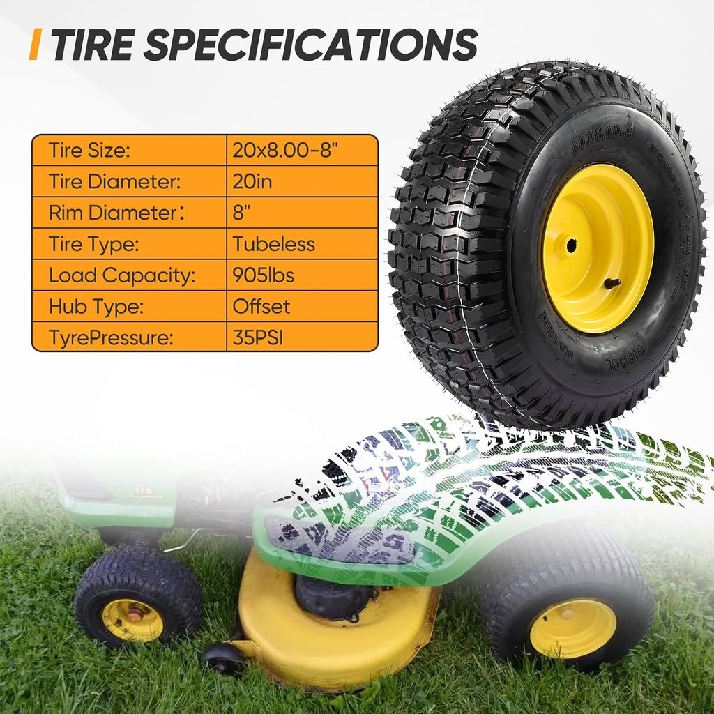 2PCS 20x8.00-8 Rear Tire and Wheel Assemblies, 3/4' Borehole, 3.5' Offset Hub and 3/16' Keyway, 4 Ply, 905lbs Capacity, Replacement for Riding Lawn Mowers