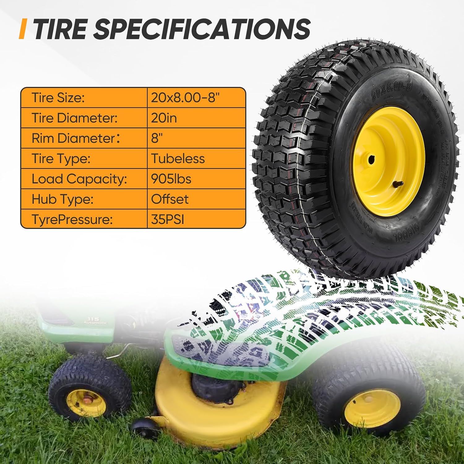 20x8.00-8 Rear Tire and Wheel Assemblies,4 Ply Tubeless Tire Compatible for Riding Lawn Mowers, 3/4' Borehole, 3.5' Offset Hub and 3/16' Keyway, 905lbs Capacity, 2 Pack