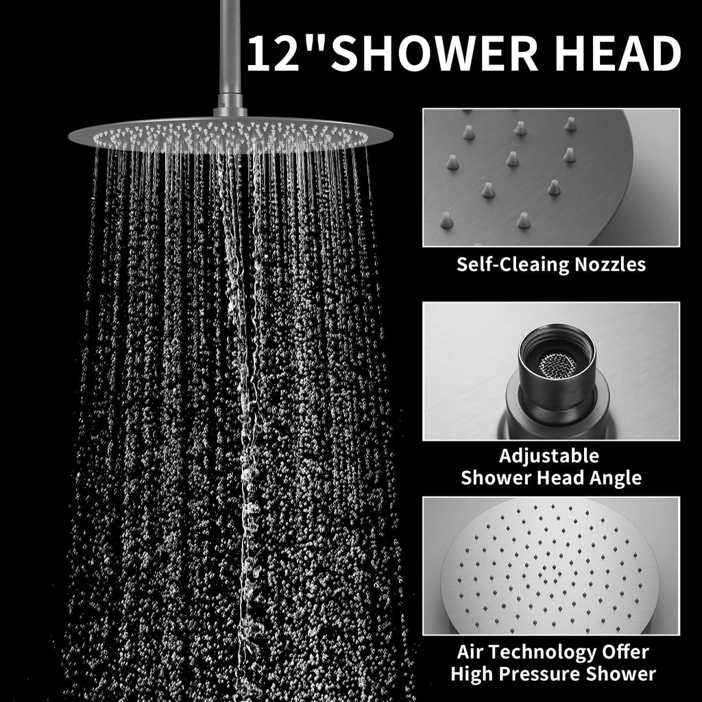 Brushed Nickel Shower System 3-Function Ceiling Shower Faucet Set with 12' and 8' Rainfall Dual Shower Head and Handheld Shower with Adjustable Slide Bar, Full Body Shower System Fixture