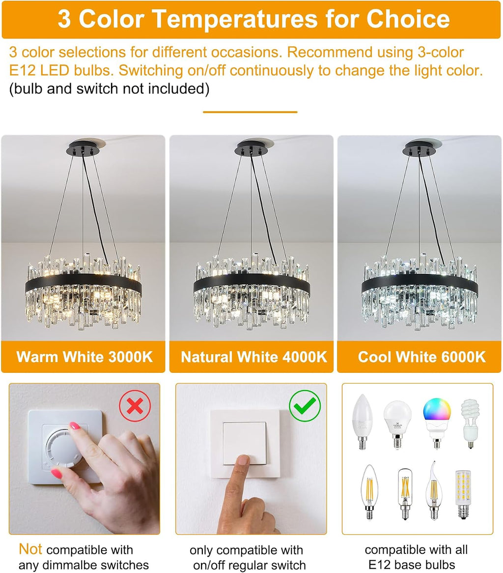 Round Crystal Chandeliers, D19.7 inch 12-Light Black Chandelier Lighting Fixture, Height Adjustable Pendant Ceiling Light for Living Room Dining Room Bedroom