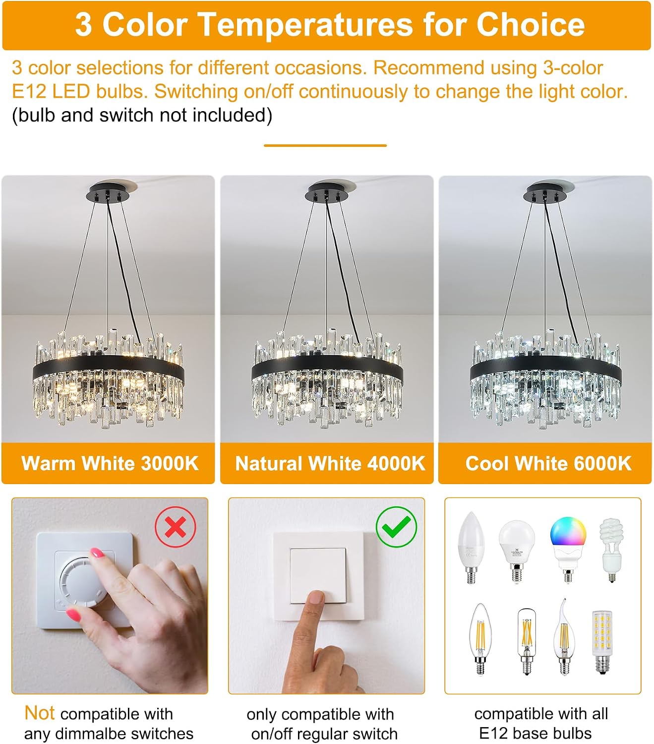 Round Crystal Chandeliers, D19.7 inch 12-Light Black Chandelier Lighting Fixture, Height Adjustable Pendant Ceiling Light for Living Room Dining Room Bedroom