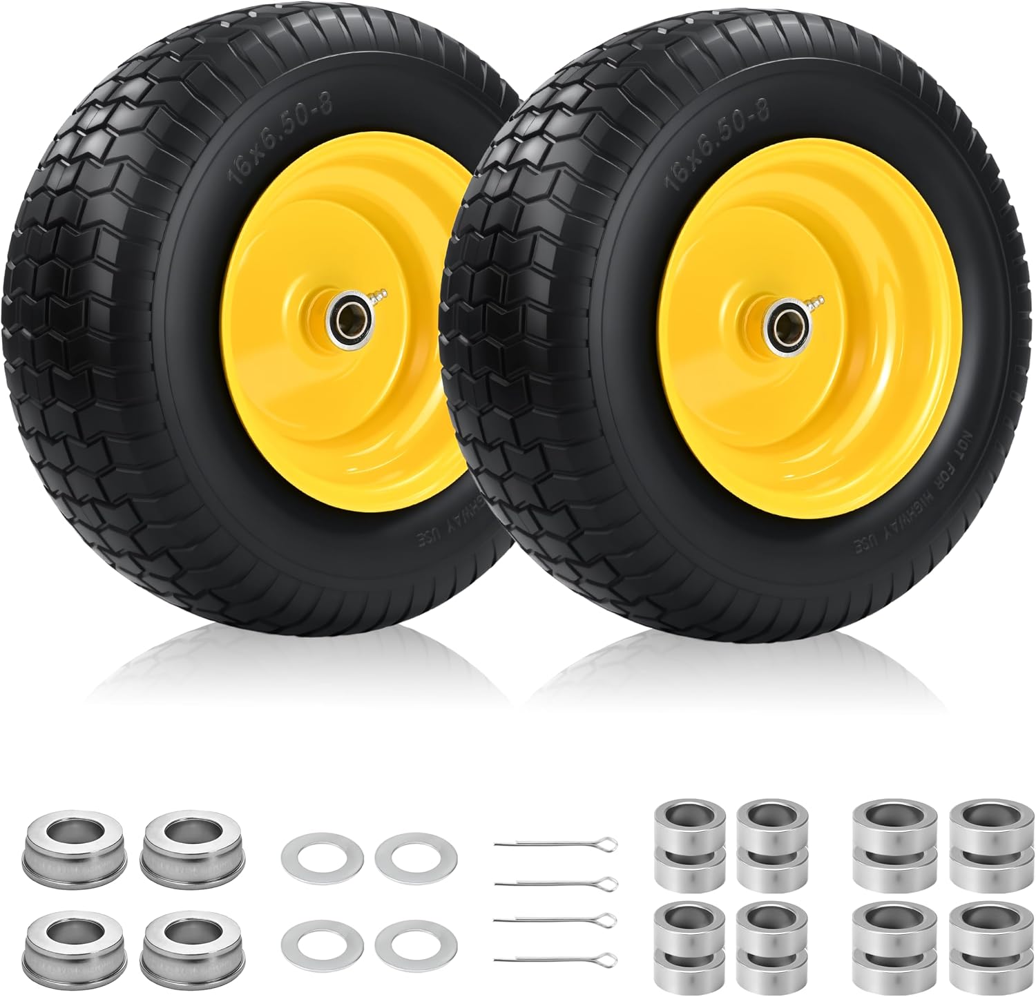 2 Pcs 16x6.50-8 Flat Free Lawn Mower Tire and Wheel, 16x6.5-8 Solid Turf Tire with 3/4' Bearing & Extra 1' Bushing, 3'-5' Offset Hub, Replacement Front Tire for Riding Mower and Graden Tractor, 550LBS