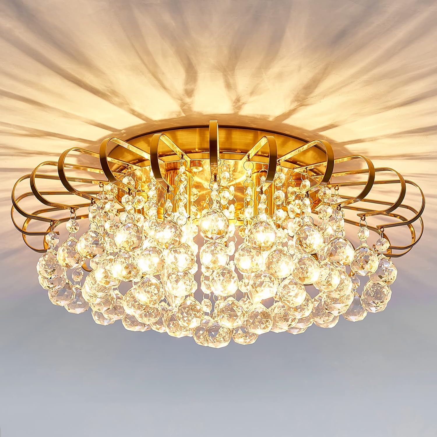 CVKASH 4-Lights Crystal Chandelier Modern Semi Flush Mount Ceiling Light Fixture Ceiling Lighting for Living Room Hallway Dining Room Kitchen Bedroom (Gold)