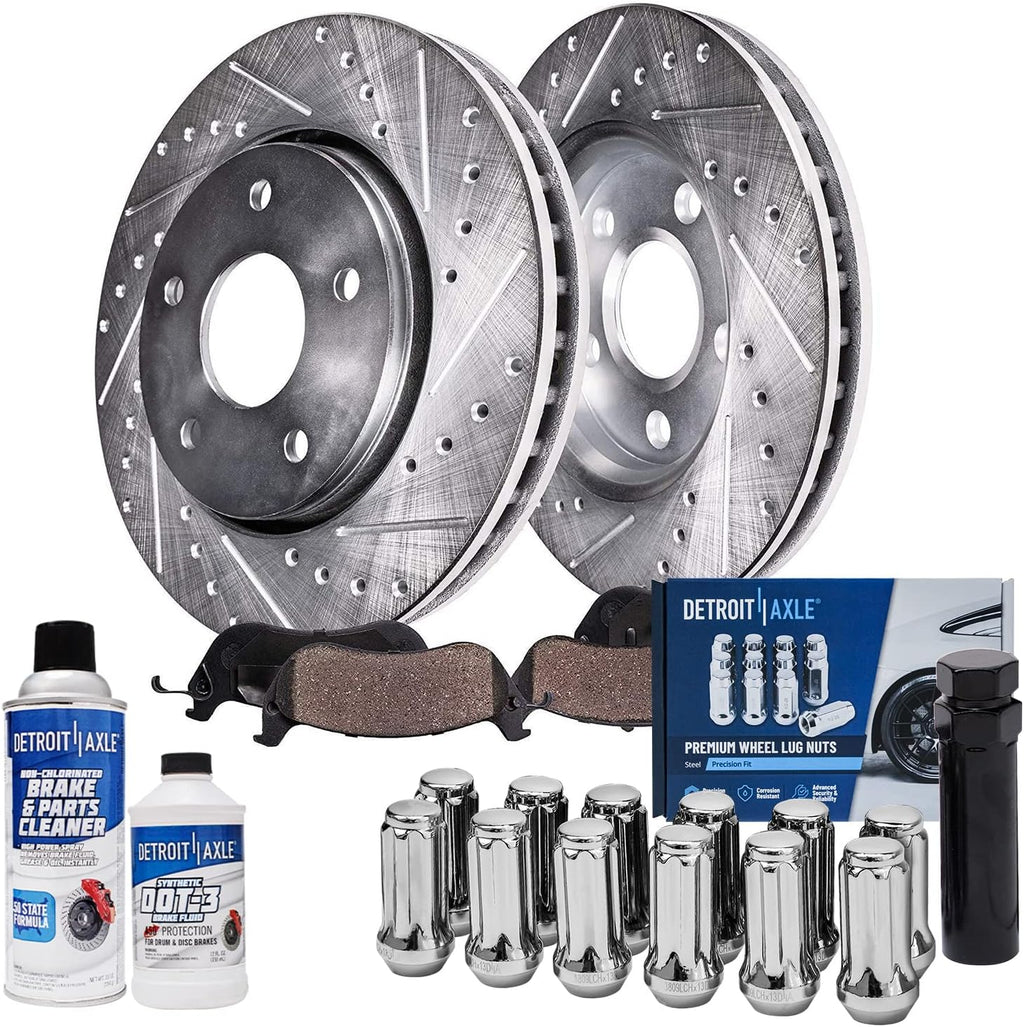 Detroit Axle - Rear Brake Kit for Chevy Malibu Impala Buick LaCrosse Regal XTS Allure, Drilled & Slotted Brake Rotors Ceramic Brake Pads Wheel Lug Nuts Socket Key: 12.40' inch Vented Rotors