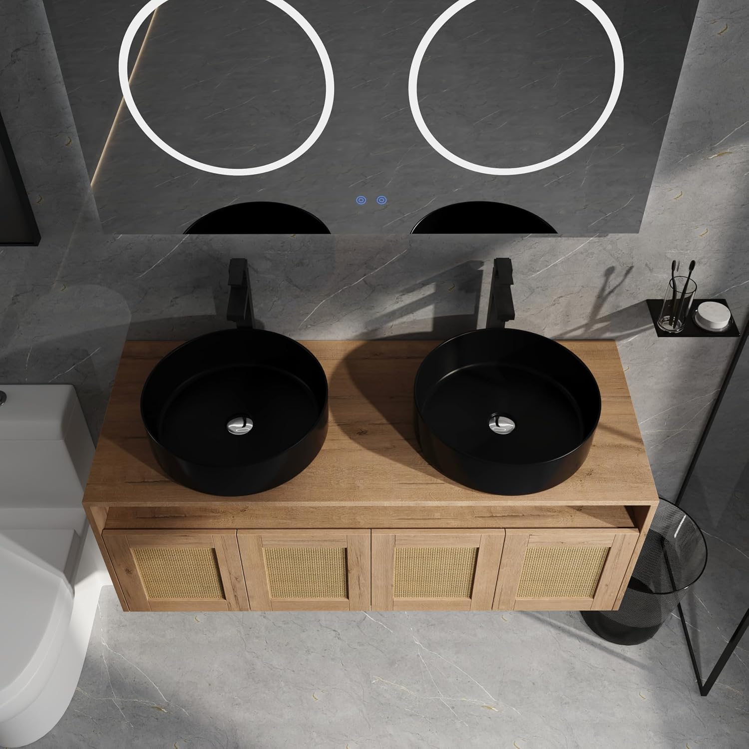 48'' Floating Bathroom Vanity, Double Sink Bathroom Vanity, Black Ceramic Double Vanities Sink for Bathrooms with Soft Close Doors, Modern Bathroom Sink Cabinet, Plywood, Imitative Oak