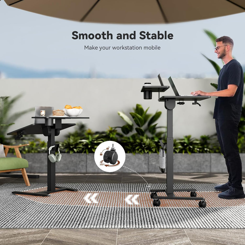 28Inch Rolling Standing Desk On Wheels， Small Computer Workstation Adjustable Height， Mobile Laptop Stand with Tiltable Desktop， 2-Tier Portable Study Table with Storage Shelves， Black