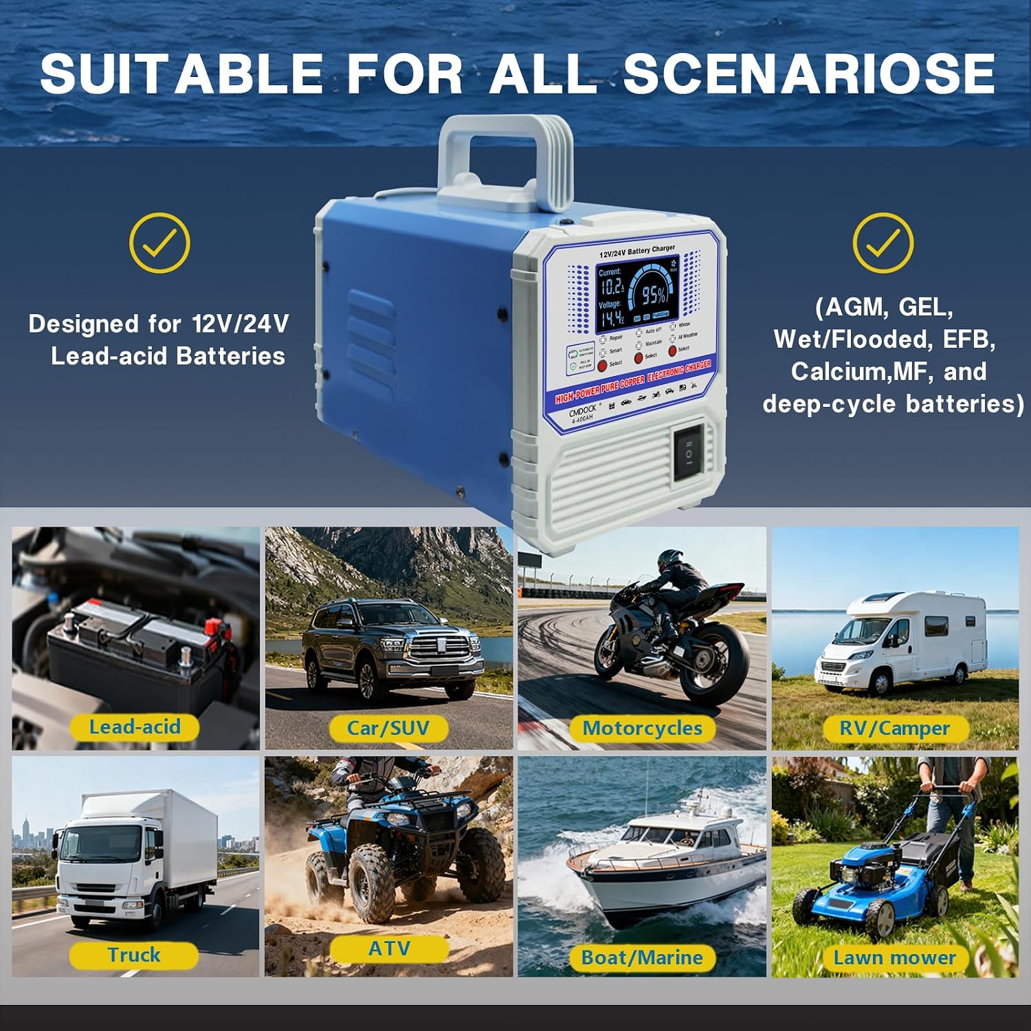 Battery Chargers Automobile 12 Volt & 24V Smart Automatic Car Battery Charger,Maintainer with Auto Shutoffs, Repair/Winter Mode,Trickle Charger for Automotive,Truck,Motorcycle,RV,AGM