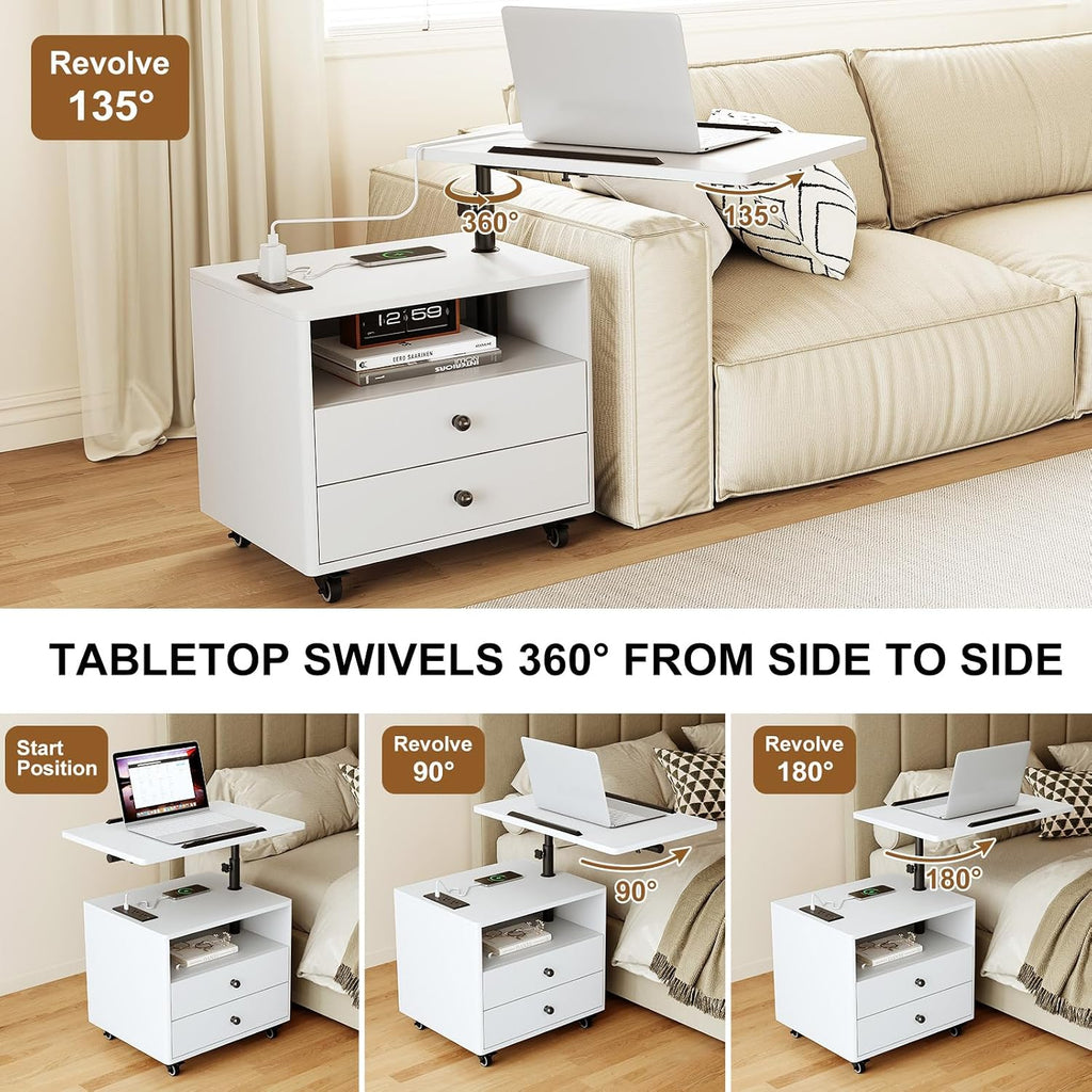 Bedroom Nightstand with Drawers & Charging Station, Adjustable Height Bedside Table with Wheels, Wooden Small Sofa Side Tables with Storage for Living Room, White