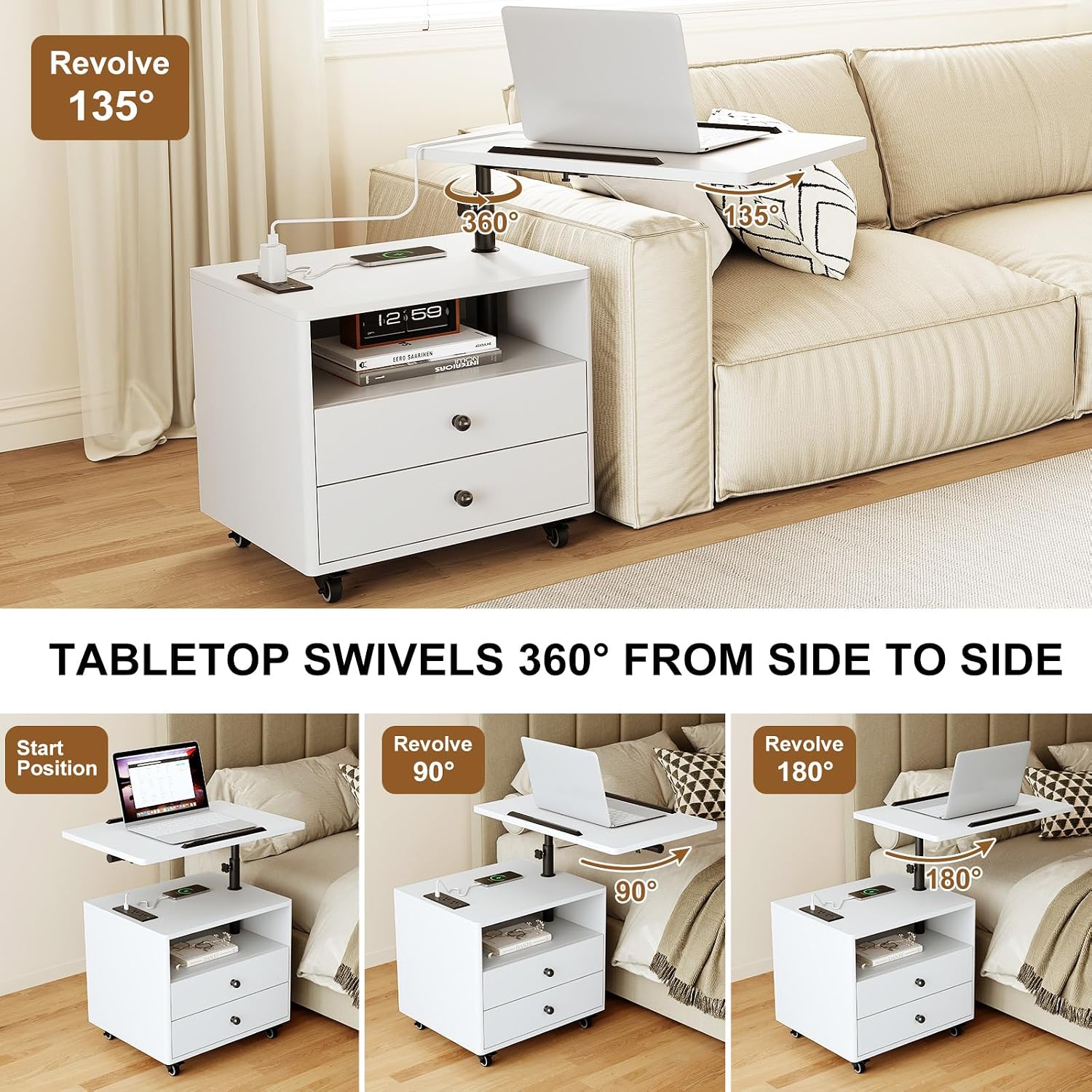 Bedroom Nightstand with Drawers & Charging Station, Adjustable Height Bedside Table with Wheels, Wooden Small Sofa Side Tables with Storage for Living Room, White