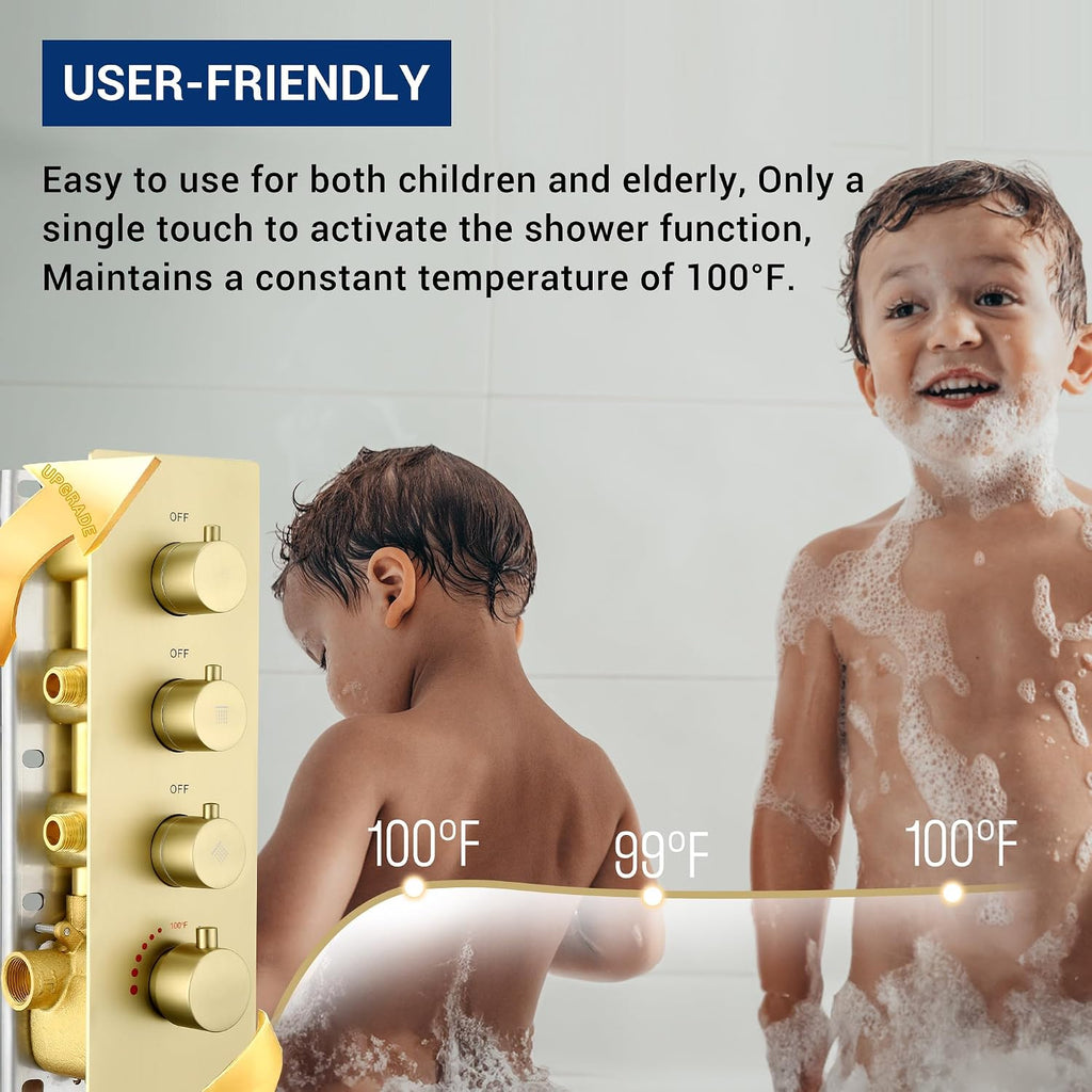 16' Thermostatic Rain Shower System with 6 Body Jets & 16-Inch Rainfall Shower Head, JetsBath Full Body Shower Faucet Sets with Valve & Handheld, Brushed Gold Luxury Wall Mount Shower Faucet Set