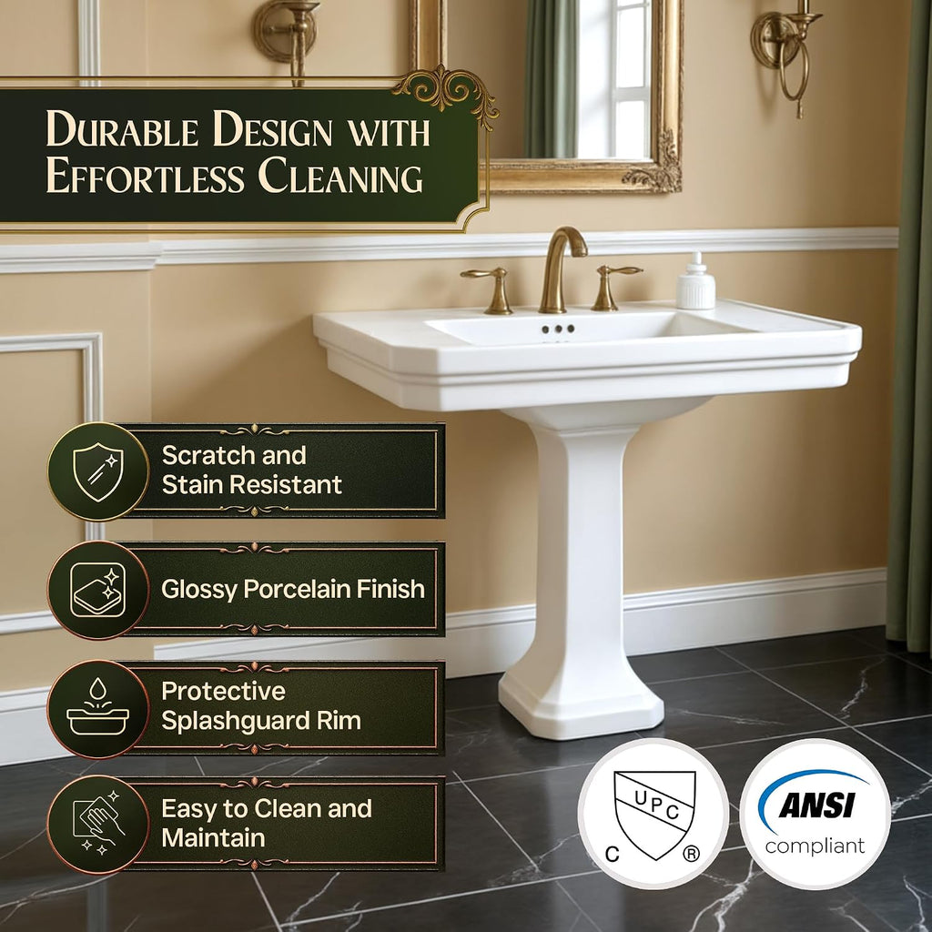 Renovators Supply Manufacturing Victorian 32' W x 34.5' H x 22' Proj. Large White Bathroom Pedestal Sink, Vitreous China, with Overflow, Compatible with 8 in. Widespread Faucets