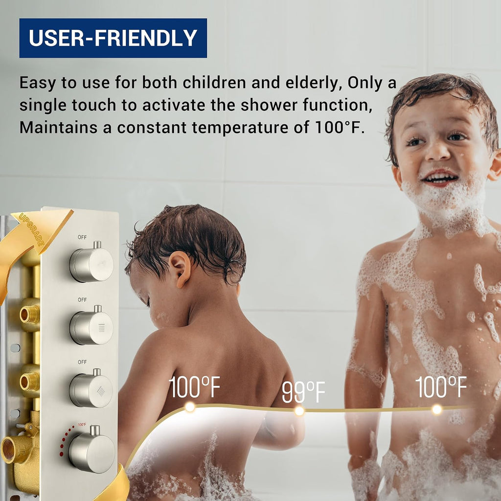 16' Thermostatic Rain Shower System with 6 Body Jets & 16-Inch Rainfall Shower Head, JetsBath Full Body Shower Faucet Sets with Valve & Handheld, Brushed Nickel Luxury Wall Mount Shower Faucet Set